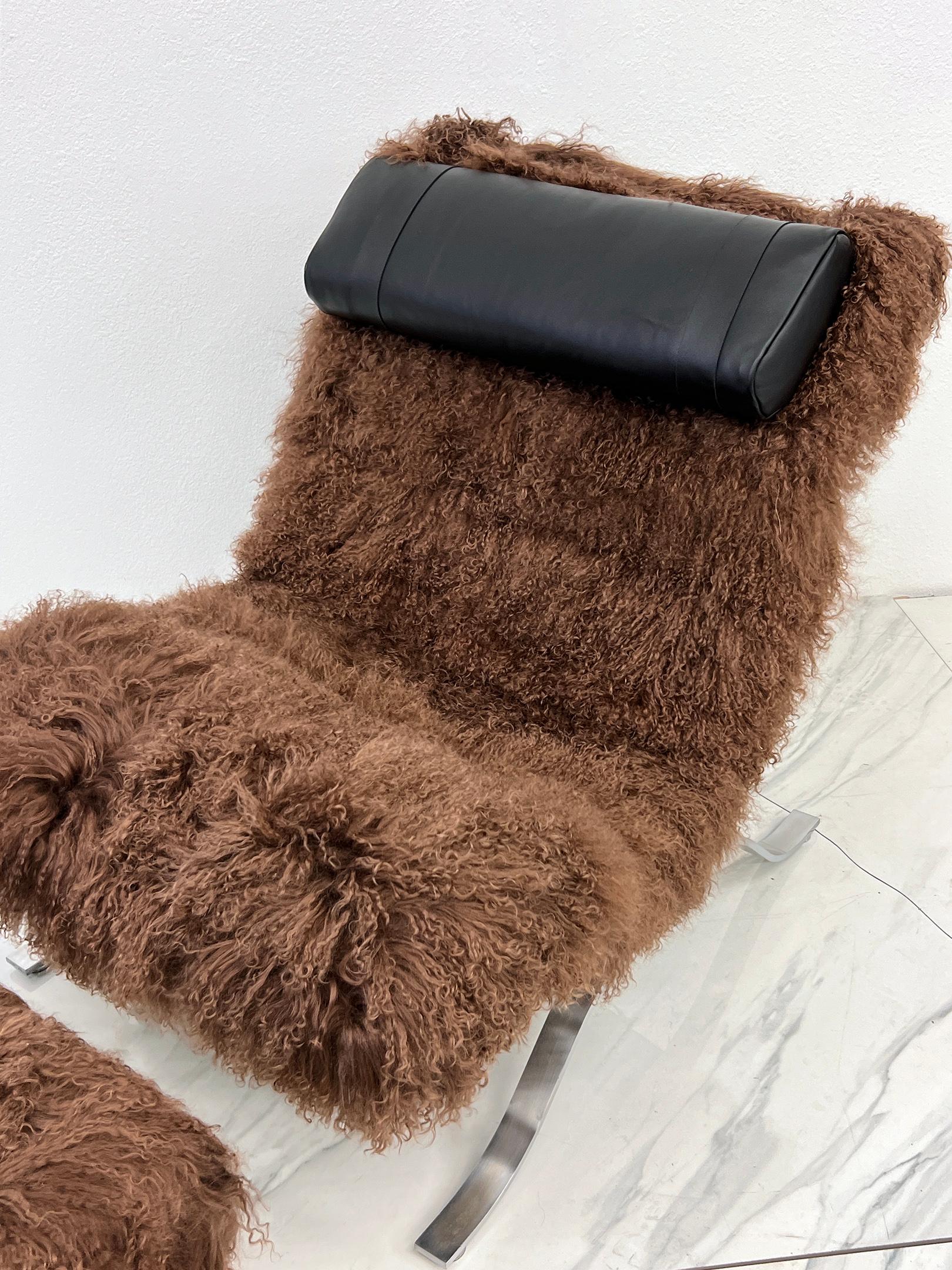 Arne Norell Ari Chair + Ottoman in Chocolate Mongolian Sheepskin, 1970's, Sweden For Sale 2
