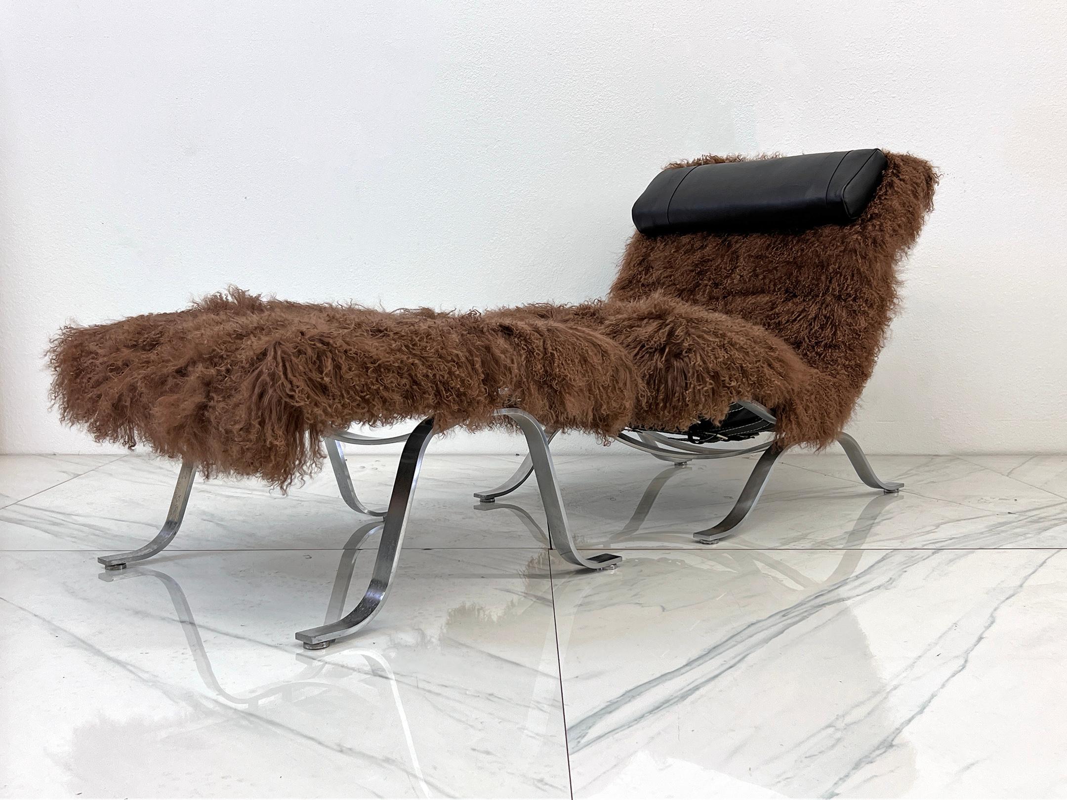 Arne Norell Ari Chair + Ottoman in Chocolate Mongolian Sheepskin, 1970's, Sweden For Sale 3