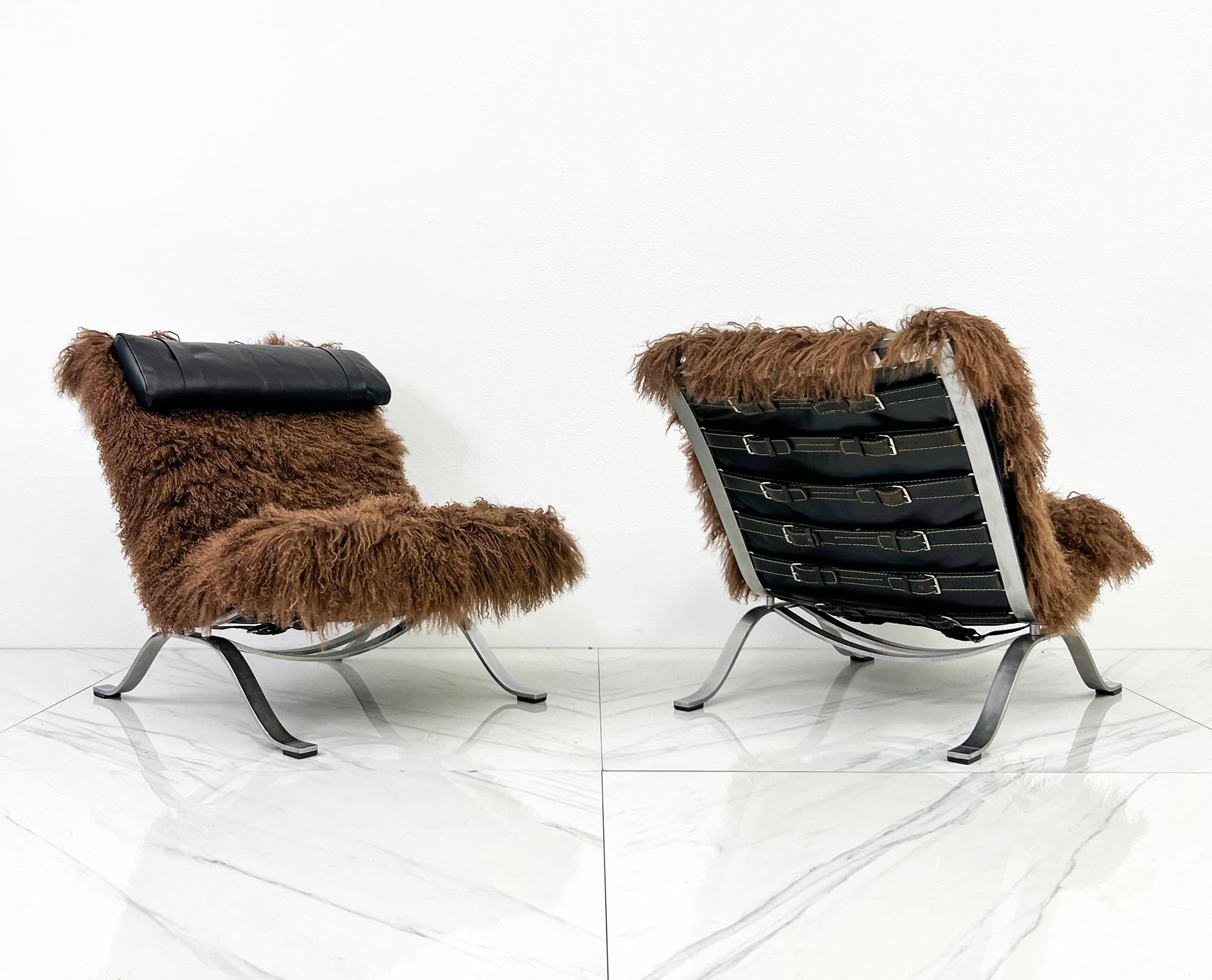 Arne Norell Ari Chairs in Mongolian Sheepskin and Leather, A Pair 4