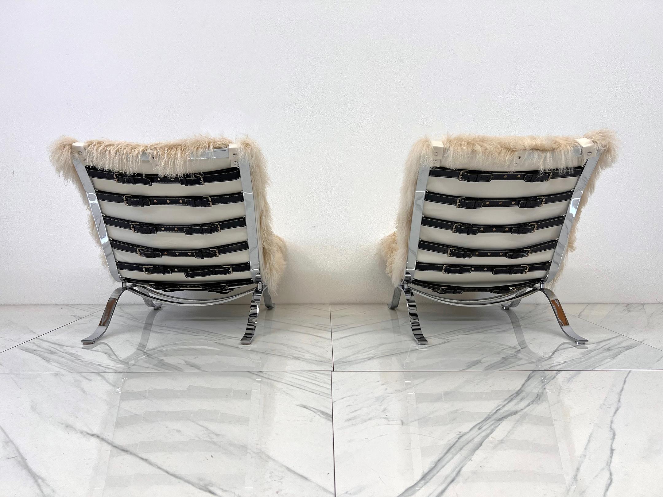 Arne Norell Ari Chairs in Mongolian Sheepskin and Leather, A Pair 7