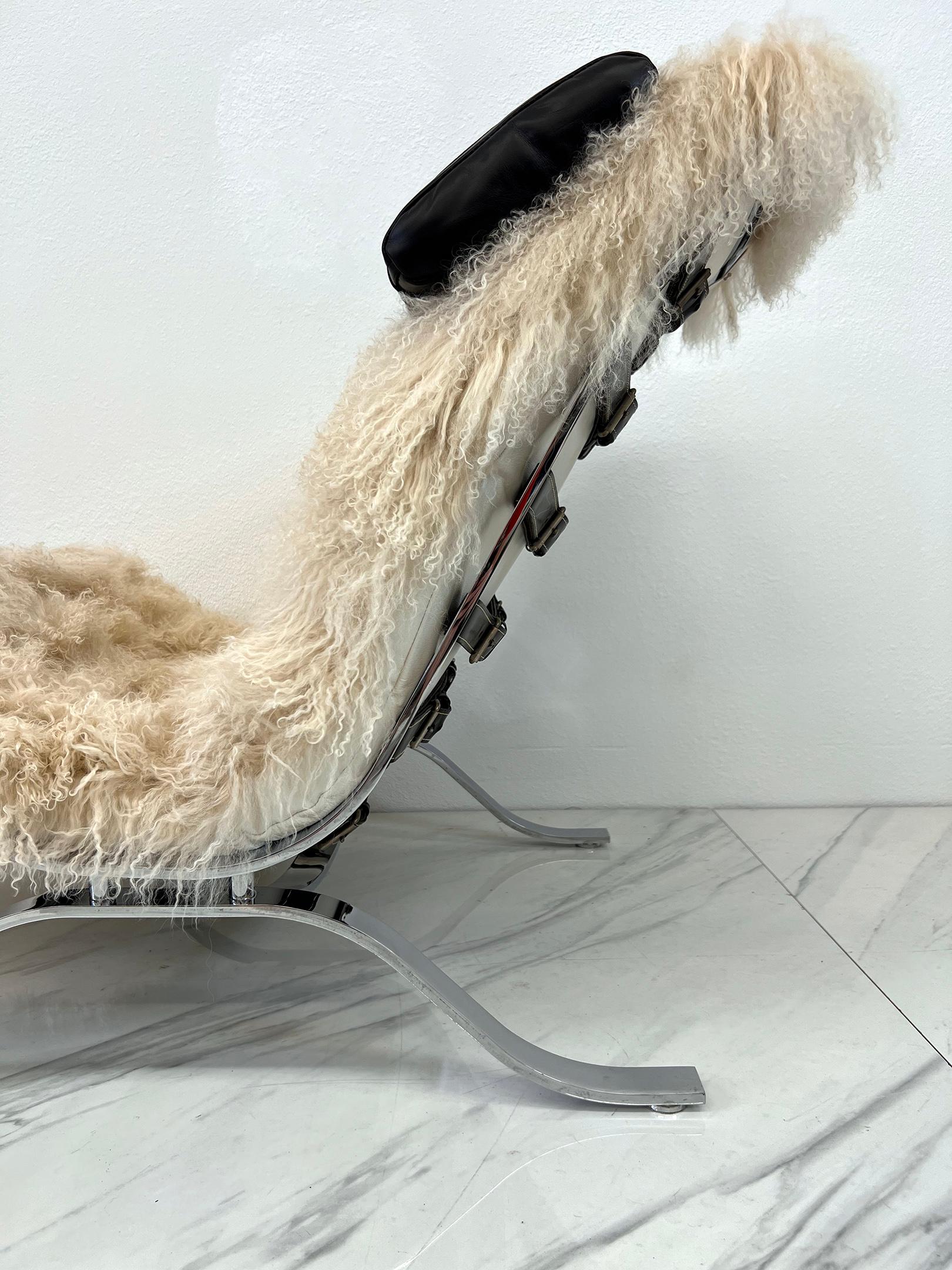 Swedish Arne Norell Ari Chairs in Mongolian Sheepskin and Leather, A Pair