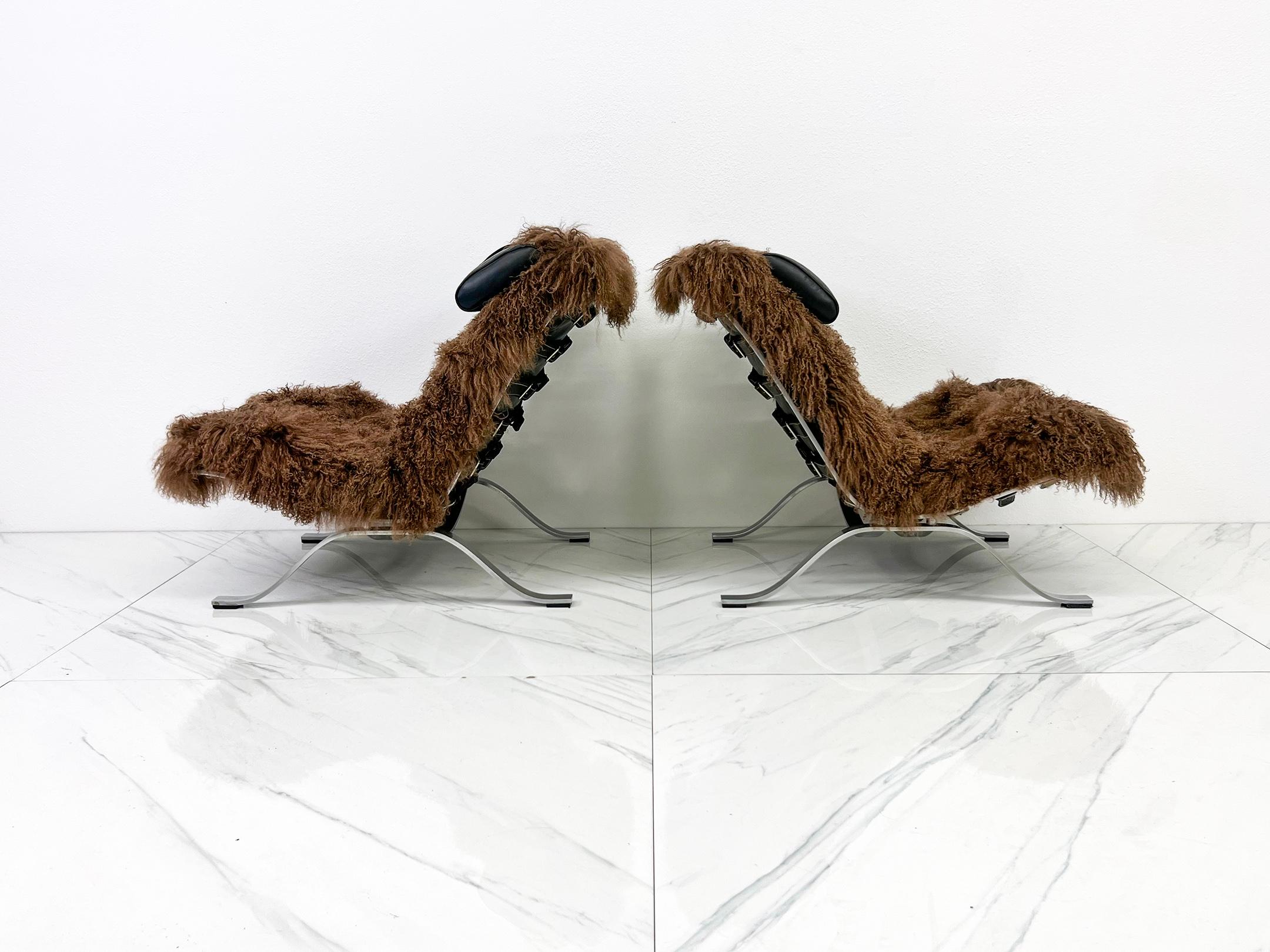 Arne Norell Ari Chairs in Mongolian Sheepskin and Leather, A Pair In Good Condition In Culver City, CA