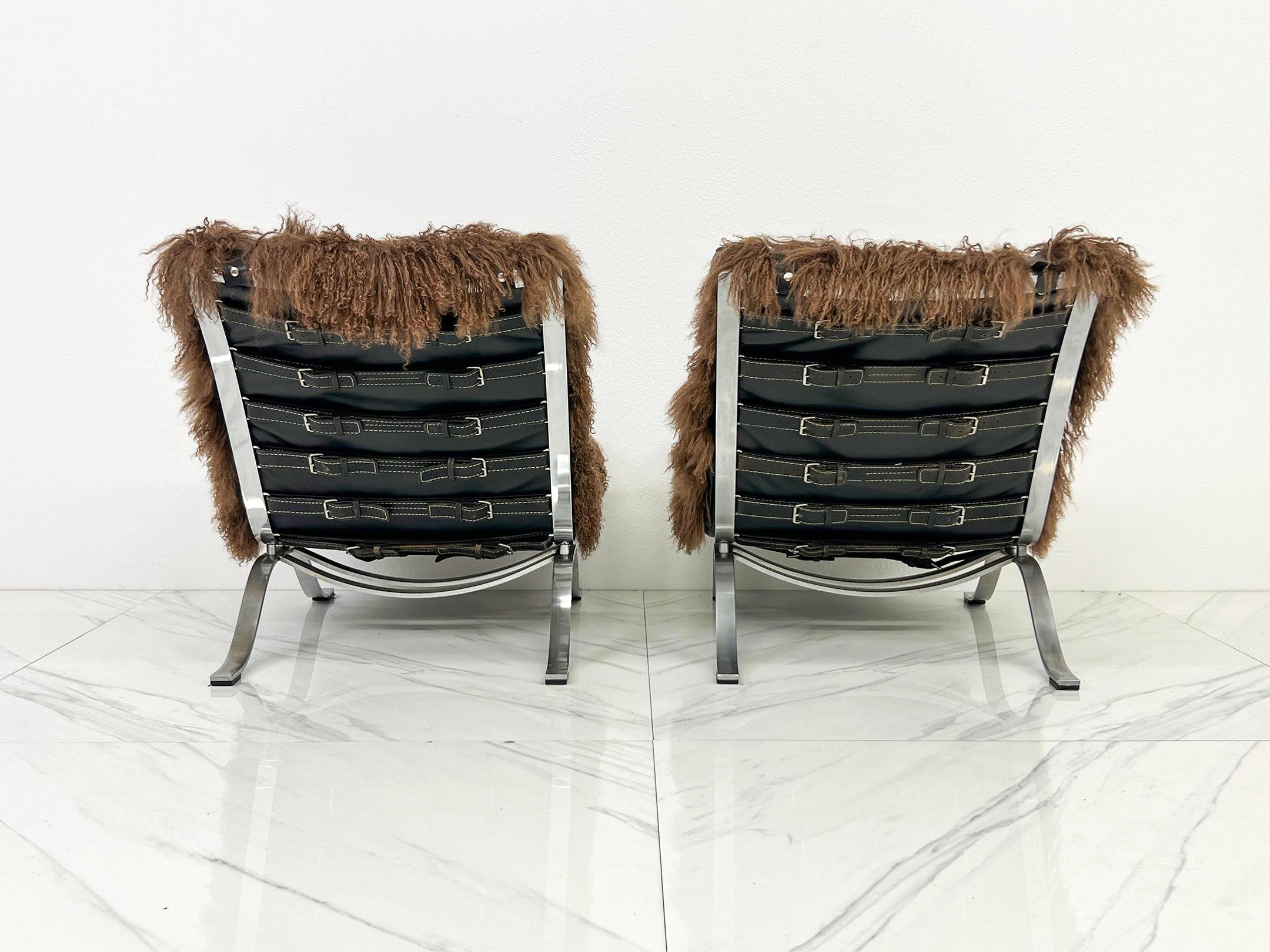 Mid-20th Century Arne Norell Ari Chairs in Mongolian Sheepskin and Leather, A Pair