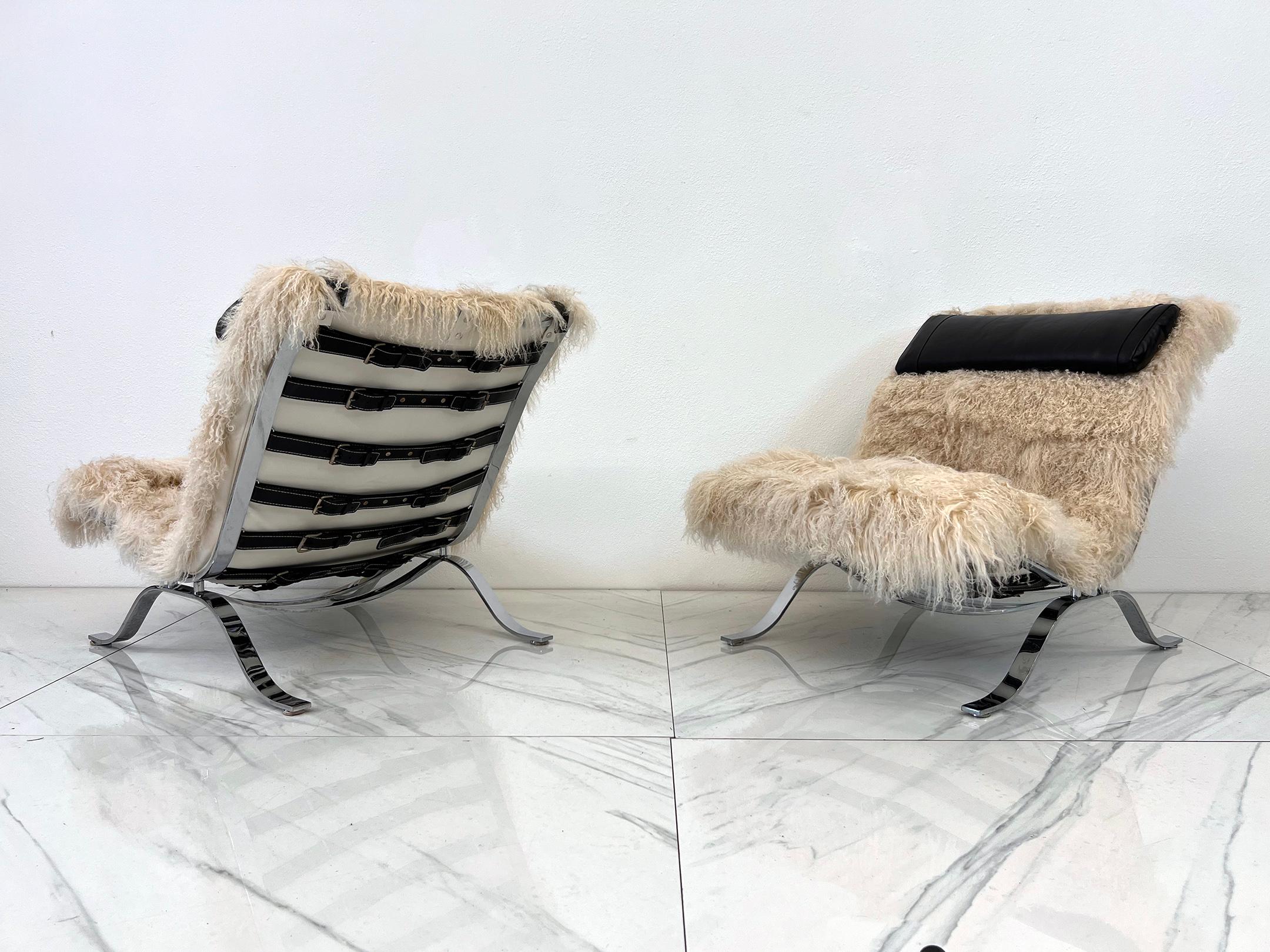 Mid-20th Century Arne Norell Ari Chairs in Mongolian Sheepskin and Leather, A Pair
