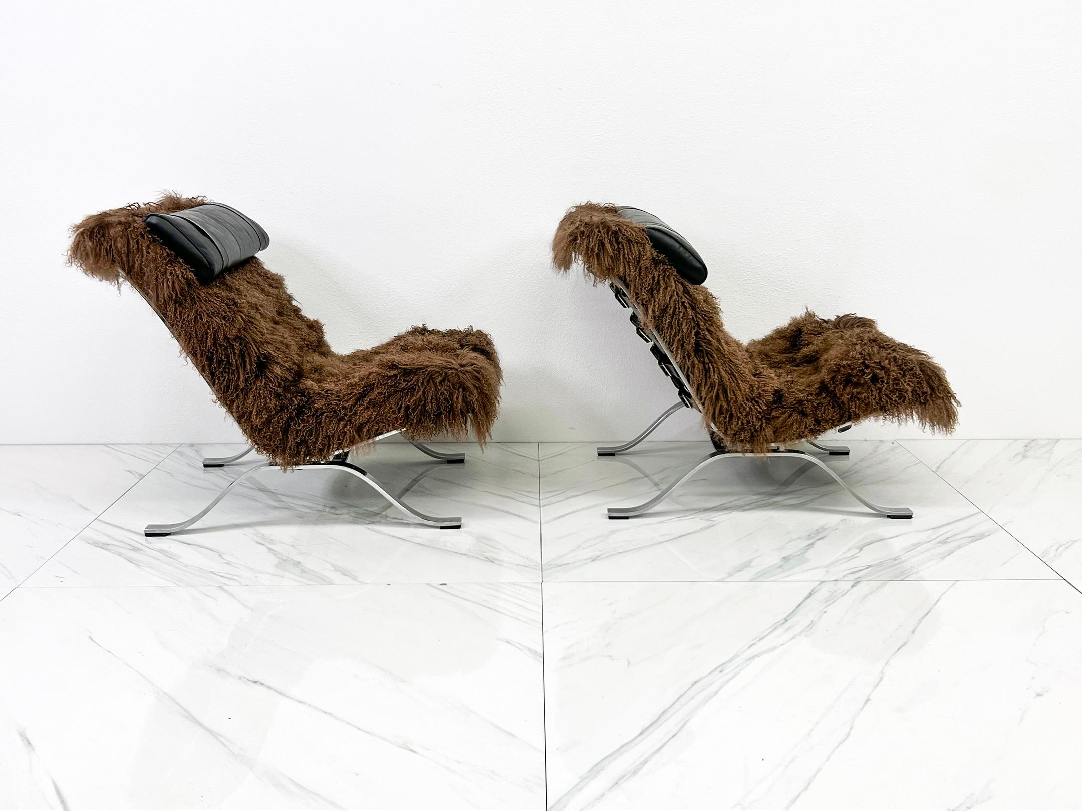 Arne Norell Ari Chairs in Mongolian Sheepskin and Leather, A Pair 1