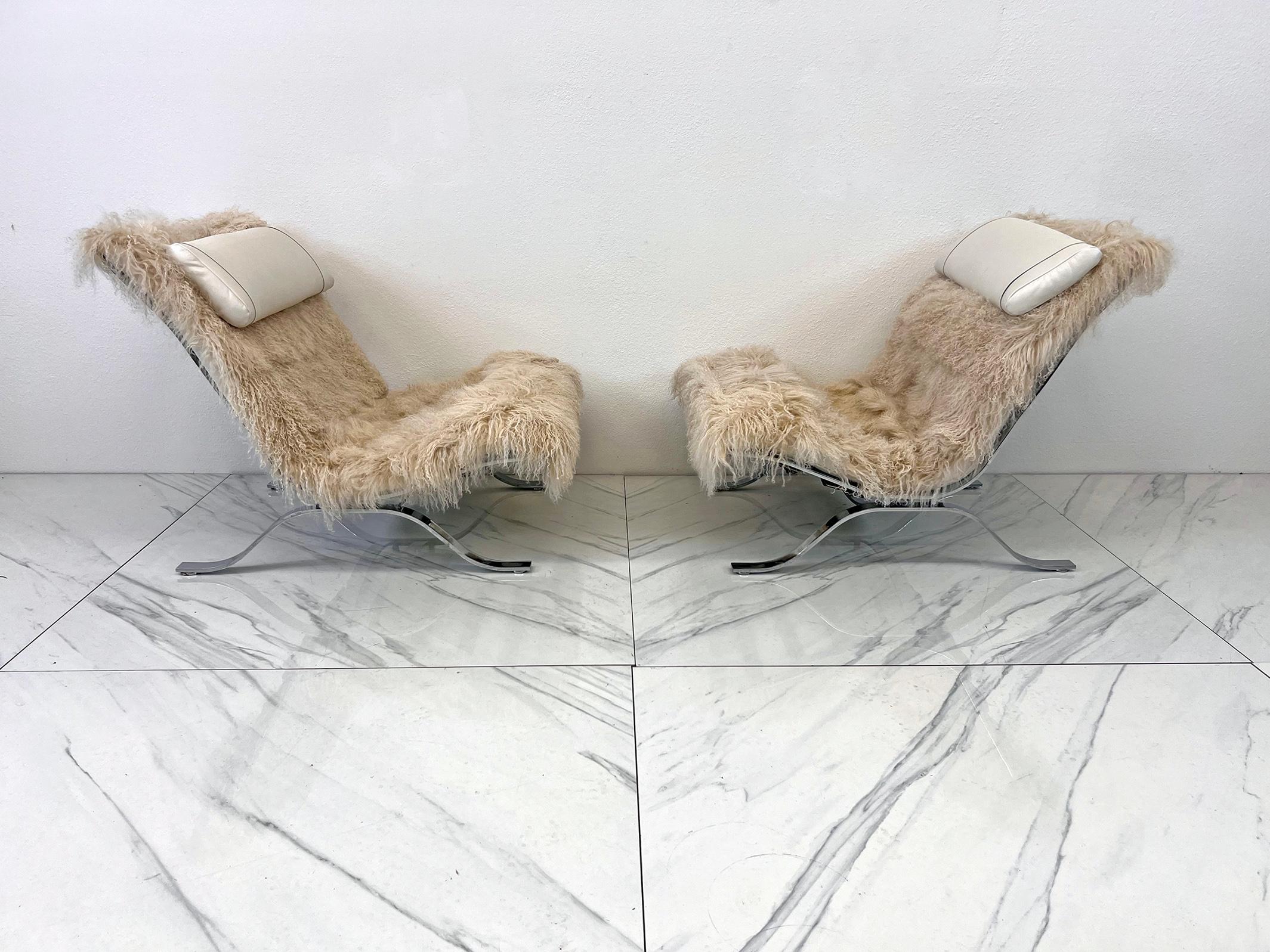 Arne Norell Ari Chairs in Mongolian Sheepskin and Leather, A Pair 1