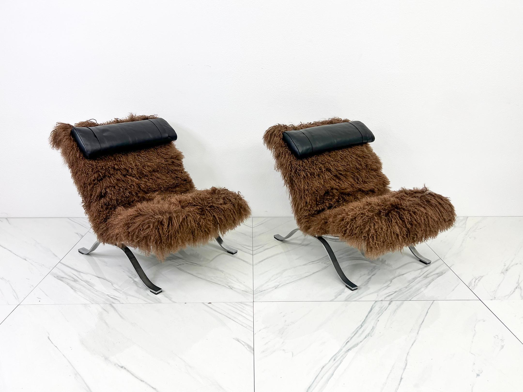 Arne Norell Ari Chairs in Mongolian Sheepskin and Leather, A Pair 2