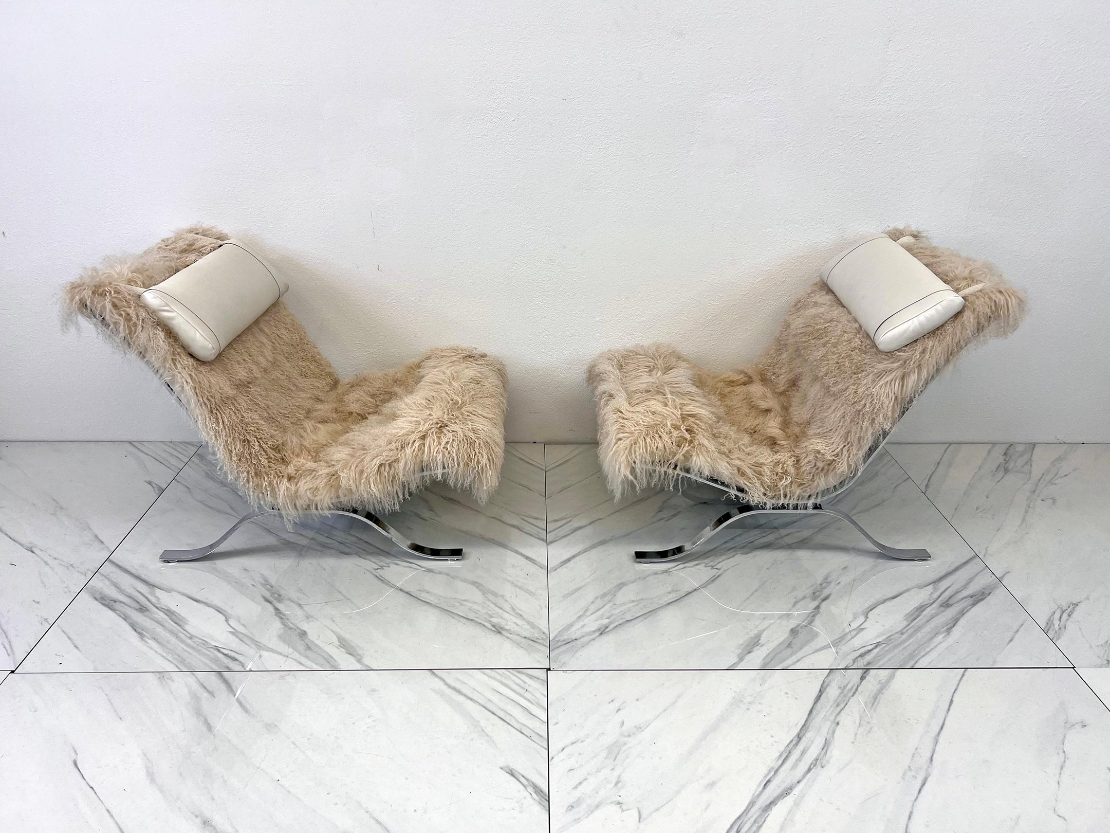 Arne Norell Ari Chairs in Mongolian Sheepskin and Leather, A Pair 2