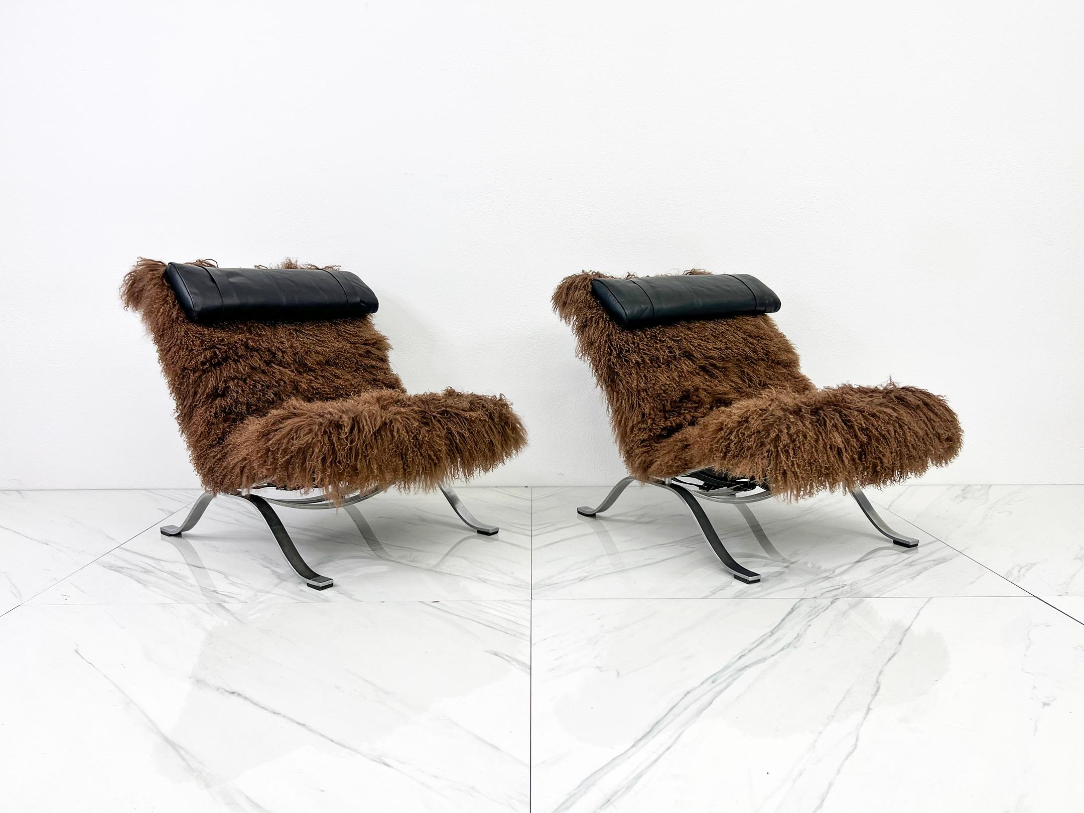 Arne Norell Ari Chairs in Mongolian Sheepskin and Leather, A Pair 3