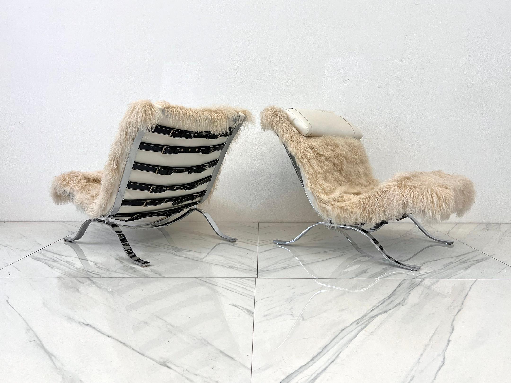Arne Norell Ari Chairs in Mongolian Sheepskin and Leather, A Pair 3