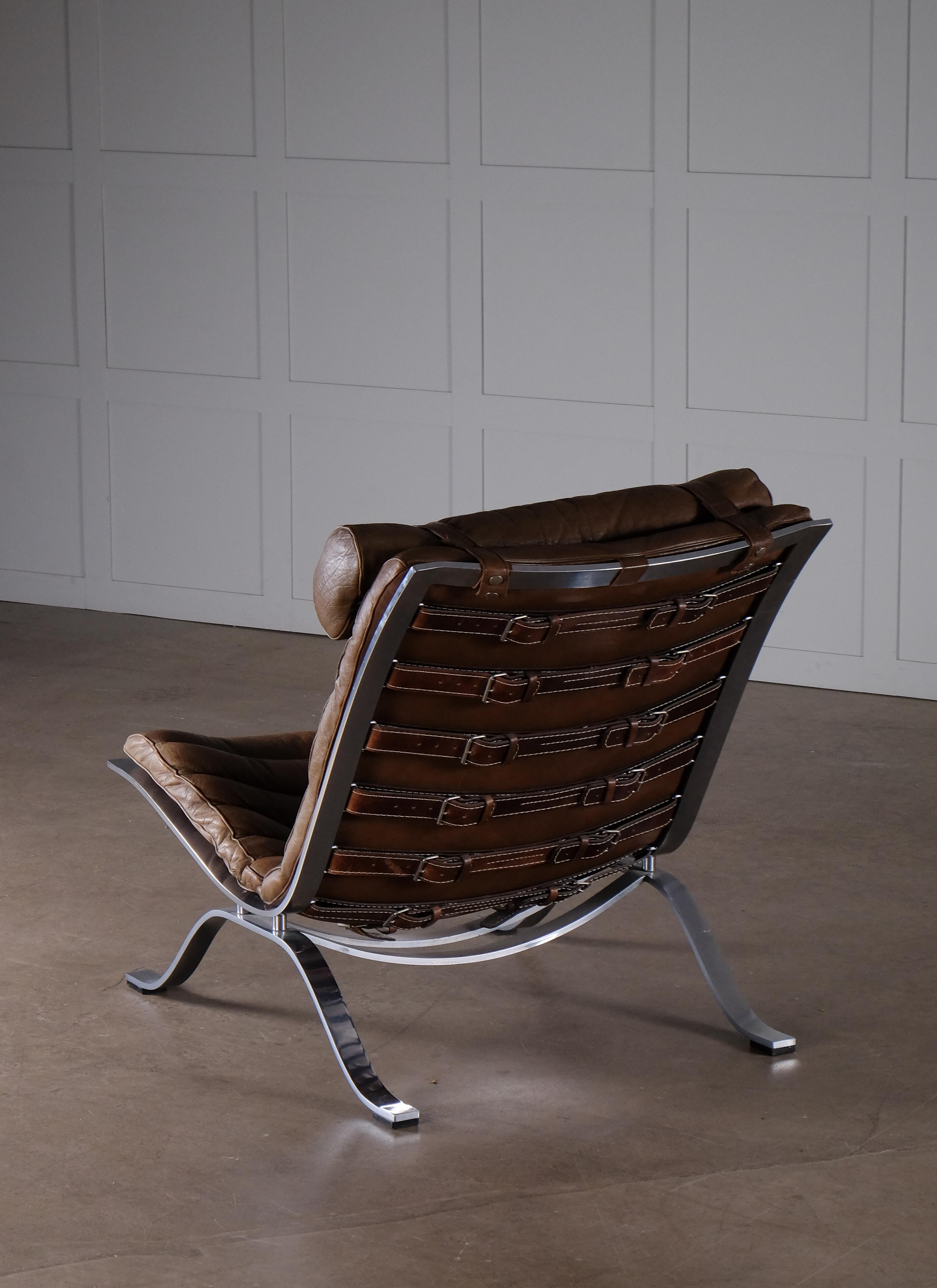 Scandinavian Modern Arne Norell 'Ari' Easy Chair in Brown Leather, Sweden, 1970s For Sale