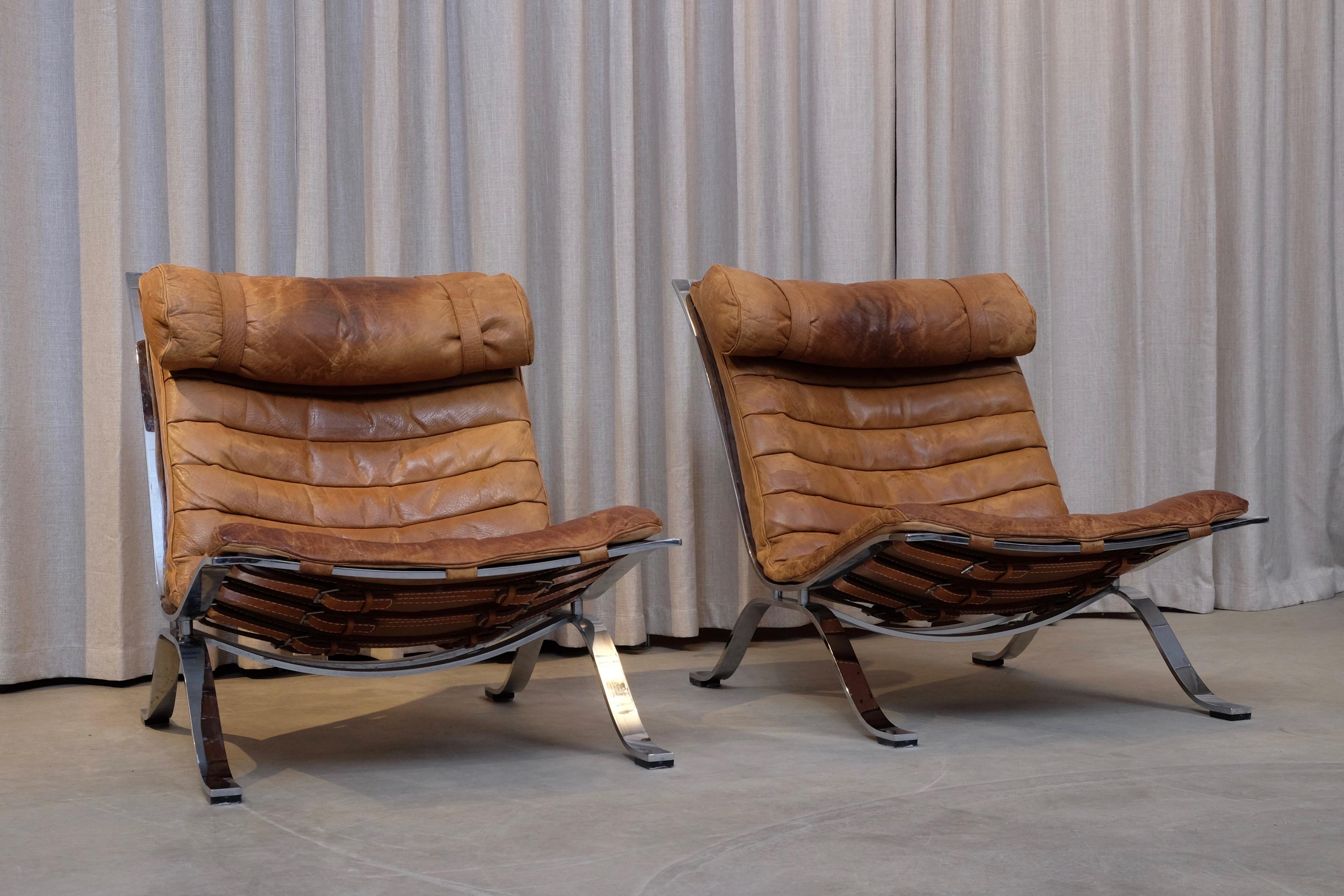 Arne Norell Ari Easy Chairs in Cognac Brown Leather, Sweden, 1960s For Sale 3