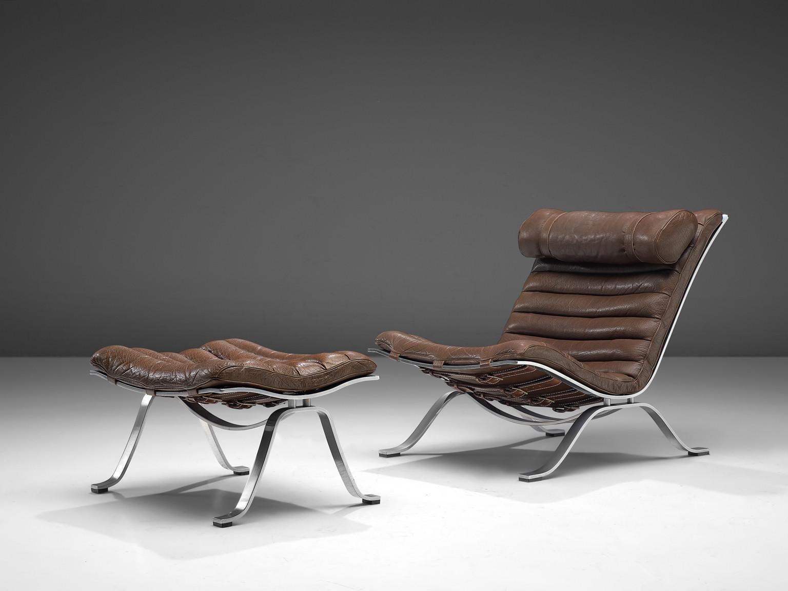 Arne Norell 'Ari' Lounge Chair and Ottoman in Dark Brown Leather In Good Condition In Waalwijk, NL