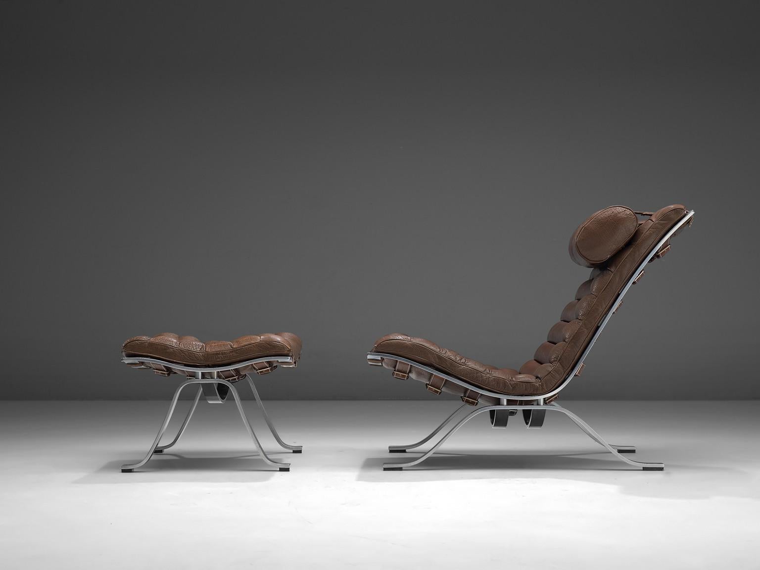Steel Arne Norell 'Ari' Lounge Chair and Ottoman in Dark Brown Leather