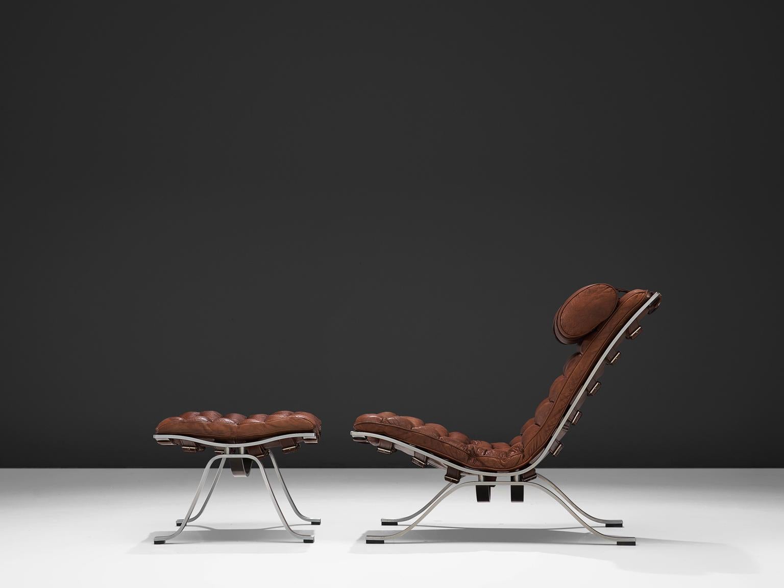 Scandinavian Modern Arne Norell 'Ari' Lounge Chair and Ottoman in Leather