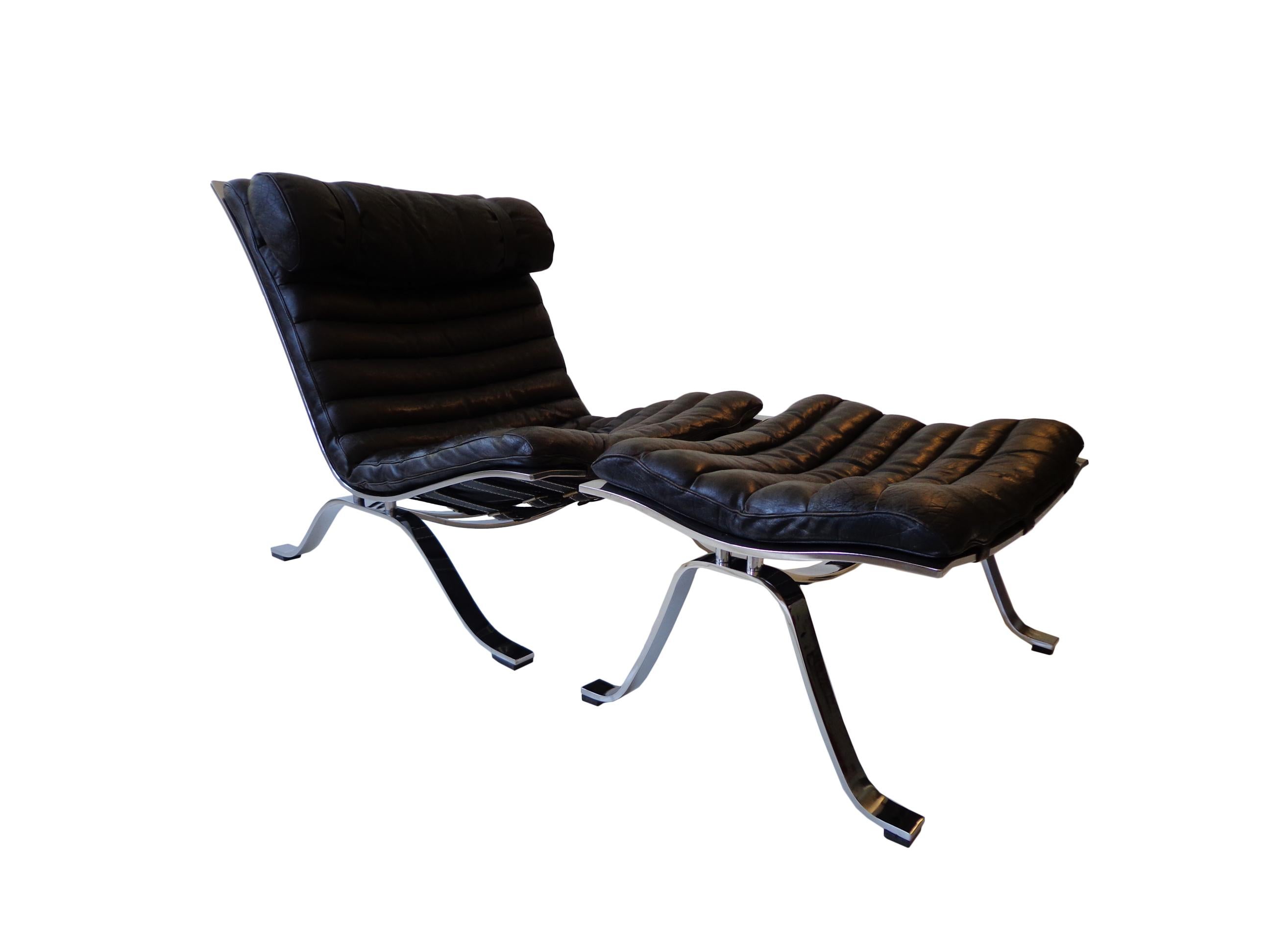 Scandinavian Modern Arne Norell ‘Ari’ Lounge Chair and Ottoman in Original Black Leather