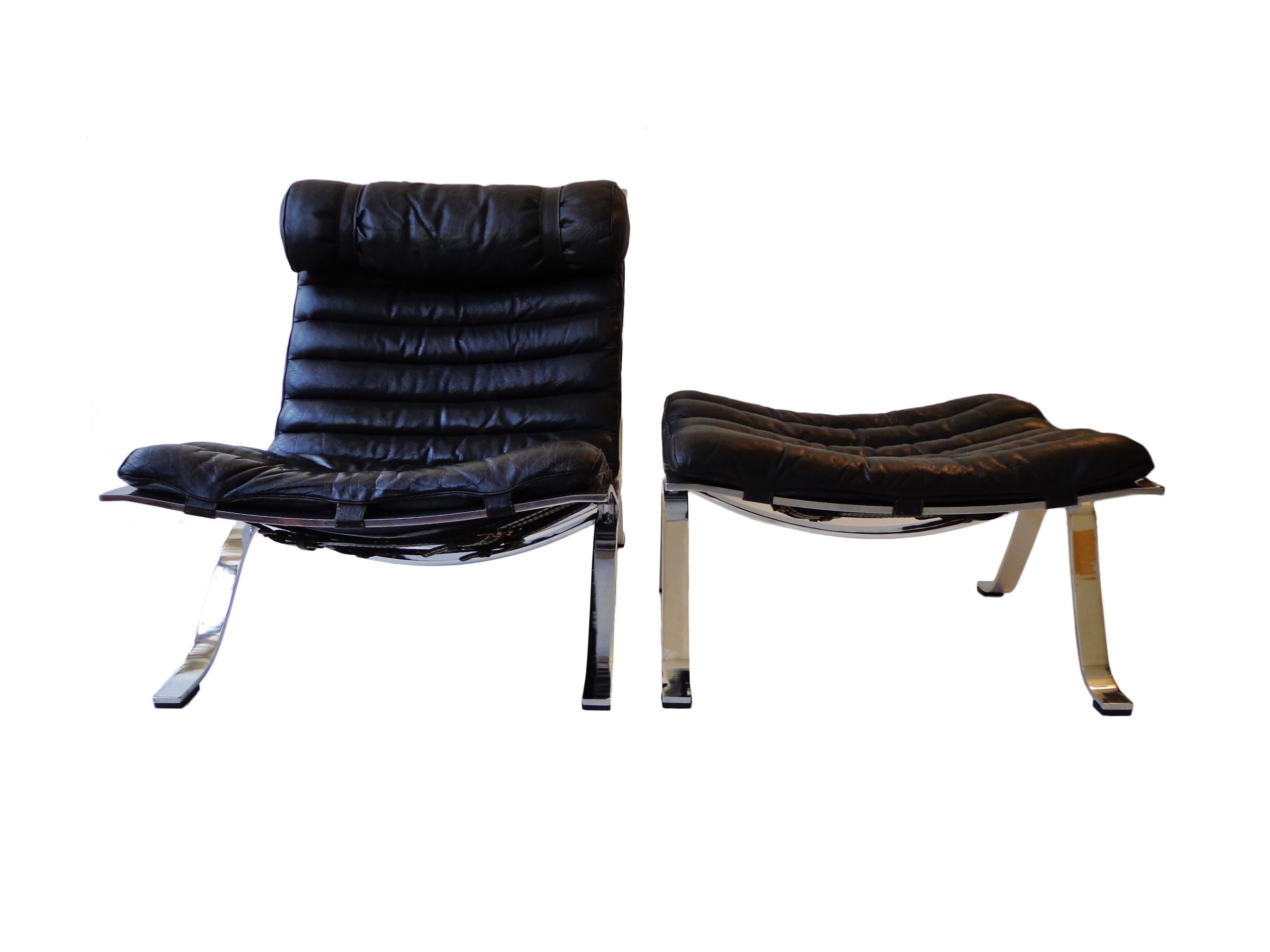Swedish Arne Norell ‘Ari’ Lounge Chair and Ottoman in Original Black Leather
