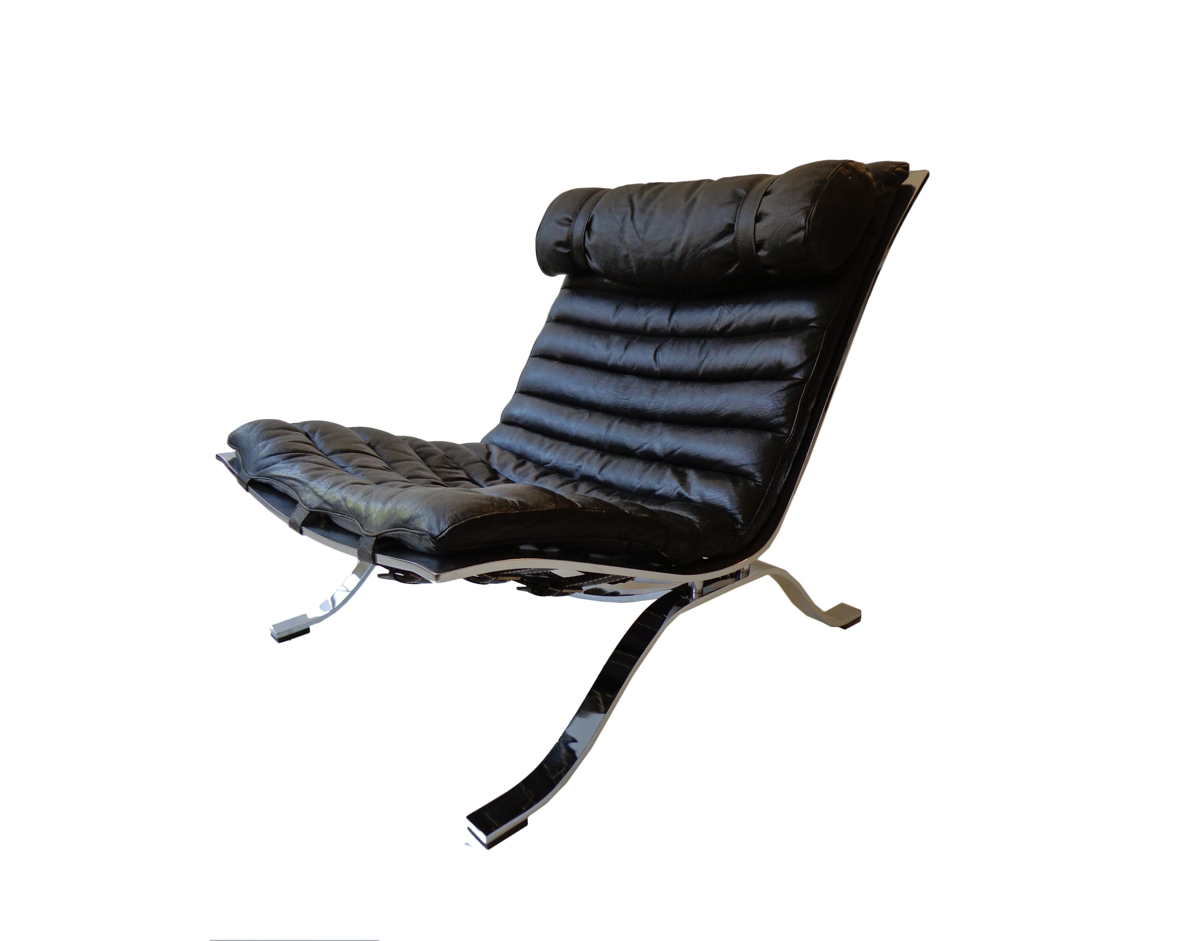 Steel Arne Norell ‘Ari’ Lounge Chair and Ottoman in Original Black Leather