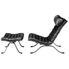 Arne Norell ‘Ari’ Lounge Chair and Ottoman in Original Black Leather