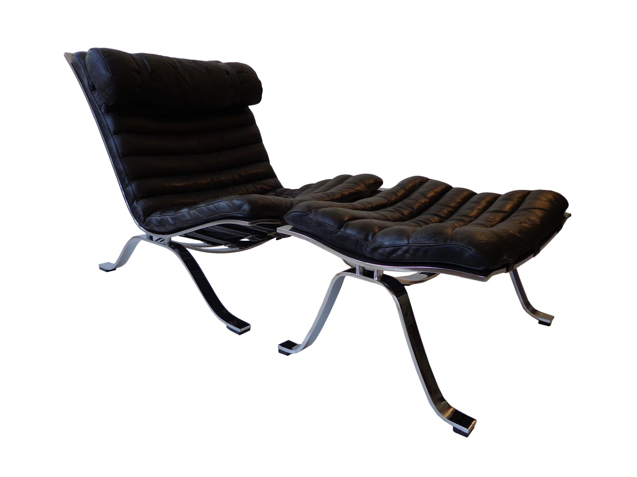 Scandinavian Modern Arne Norell ‘Ari’ Lounge Chair and Ottoman in Original Black Leather Sweden, 60s