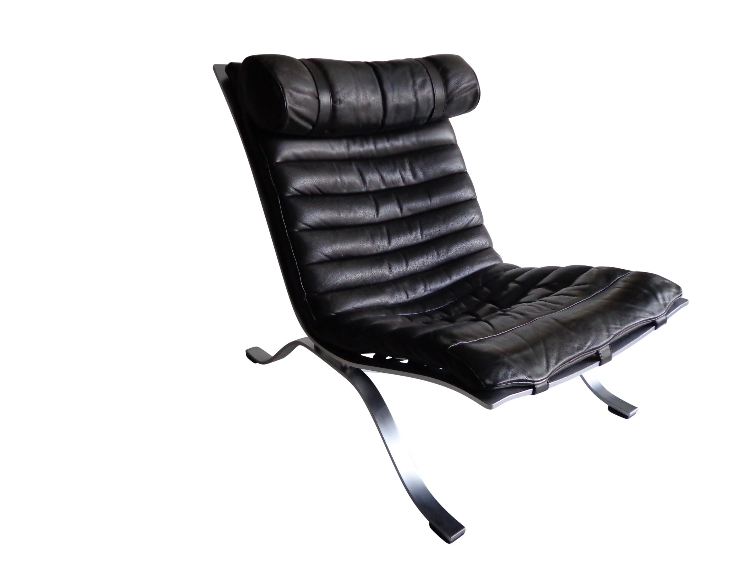 Polished Arne Norell ‘Ari’ Lounge Chair and Ottoman in Original Black Leather Sweden, 60s For Sale