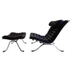 Arne Norell ‘Ari’ Lounge Chair and Ottoman in Original Black Leather Sweden, 60s