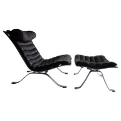 Vintage Arne Norell ‘Ari’ Lounge Chair and Ottoman in Original Black Leather Sweden, 60s