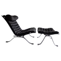 Arne Norell ‘Ari’ Lounge Chair and Ottoman in Original Black Leather Sweden, 60s