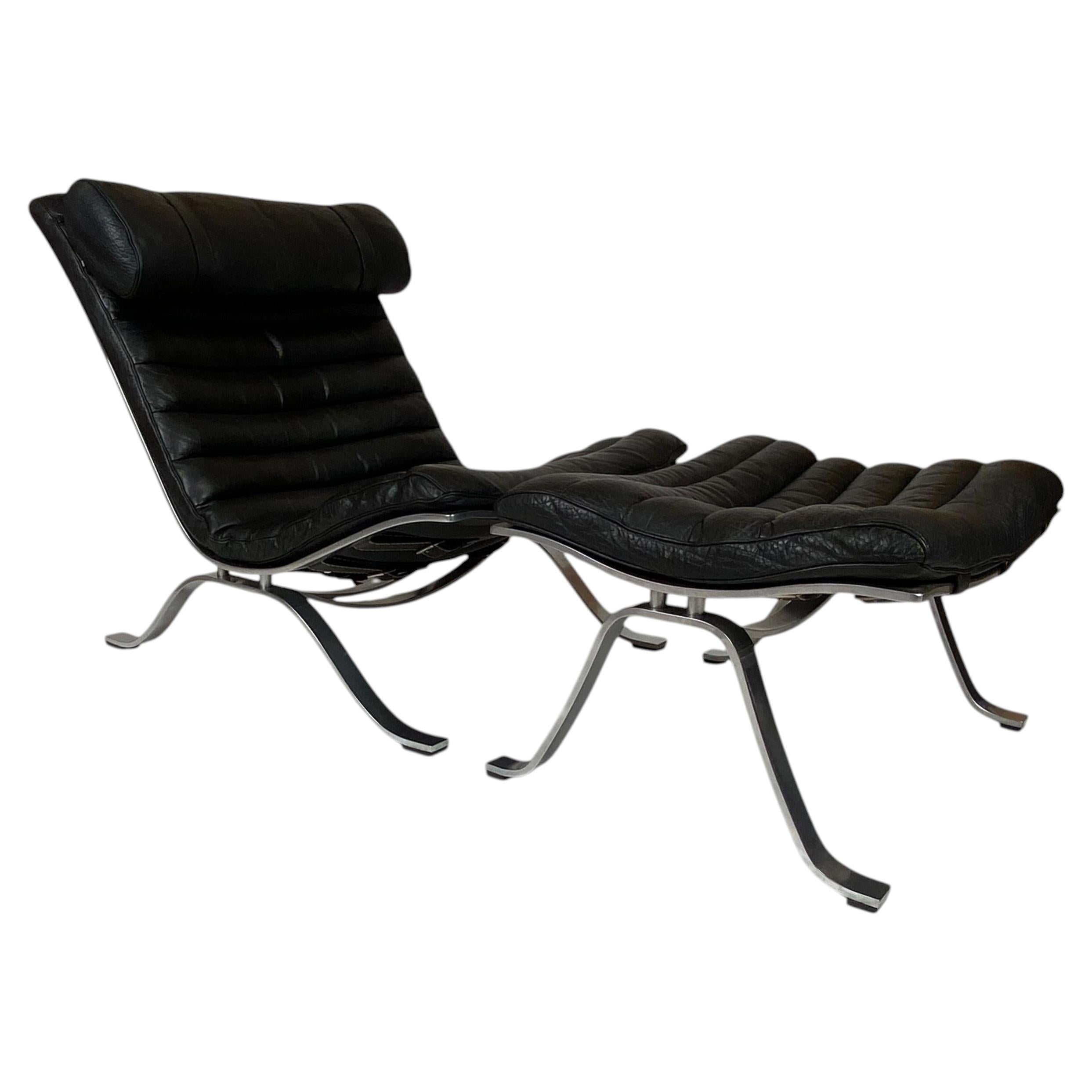 Arne Norell ‘Ari’ Lounge Chair and Ottoman in Original Black Leather Sweden, 60s For Sale