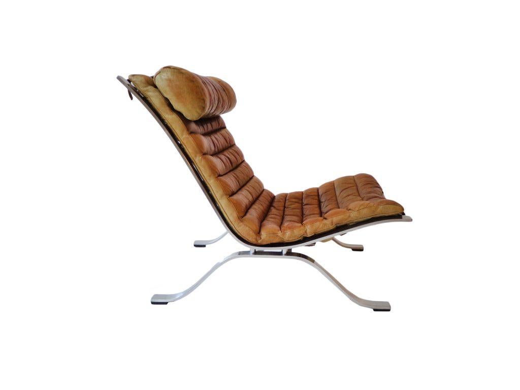 Scandinavian Modern Arne Norell ‘Ari’ Lounge Chair and Ottoman in Original Brown Leather For Sale