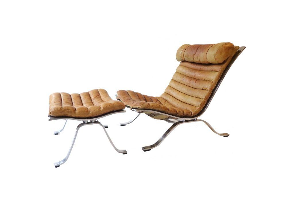 Swedish Arne Norell ‘Ari’ Lounge Chair and Ottoman in Original Brown Leather For Sale