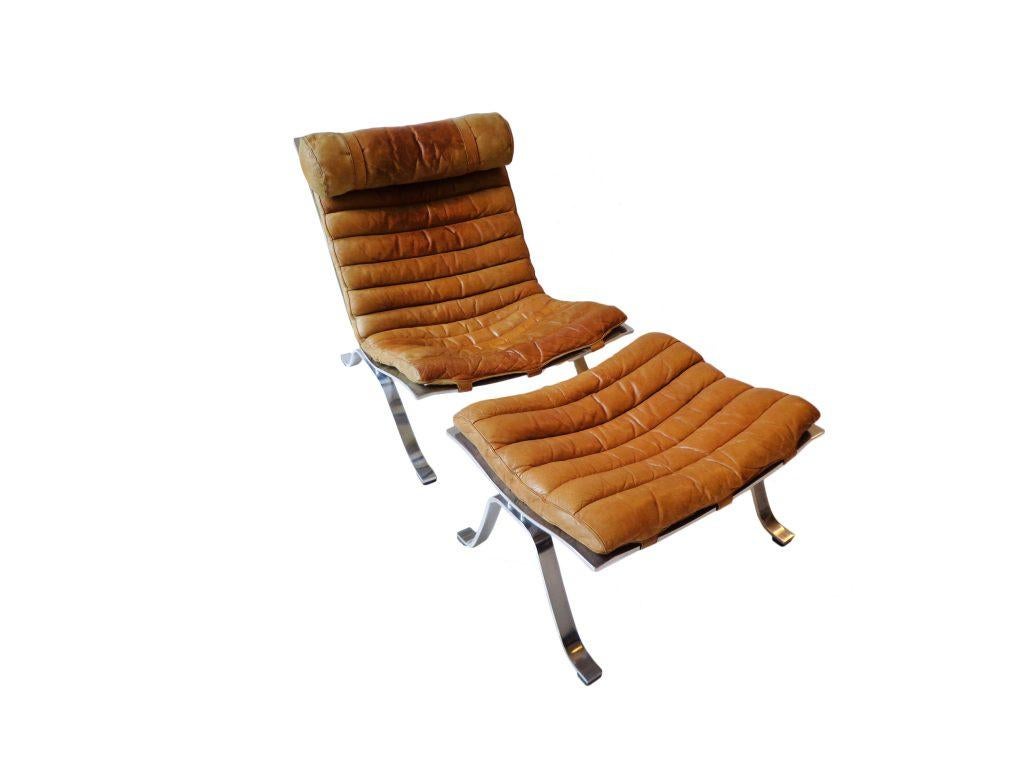 Mid-20th Century Arne Norell ‘Ari’ Lounge Chair and Ottoman in Original Brown Leather For Sale