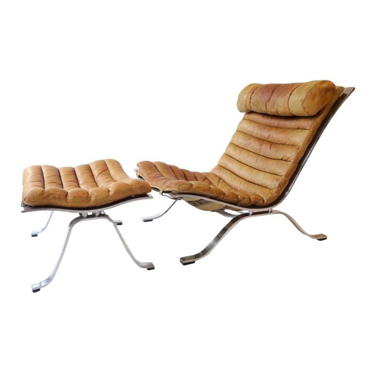 Arne Norell ‘Ari’ Lounge Chair and Ottoman in Original Brown Leather For Sale
