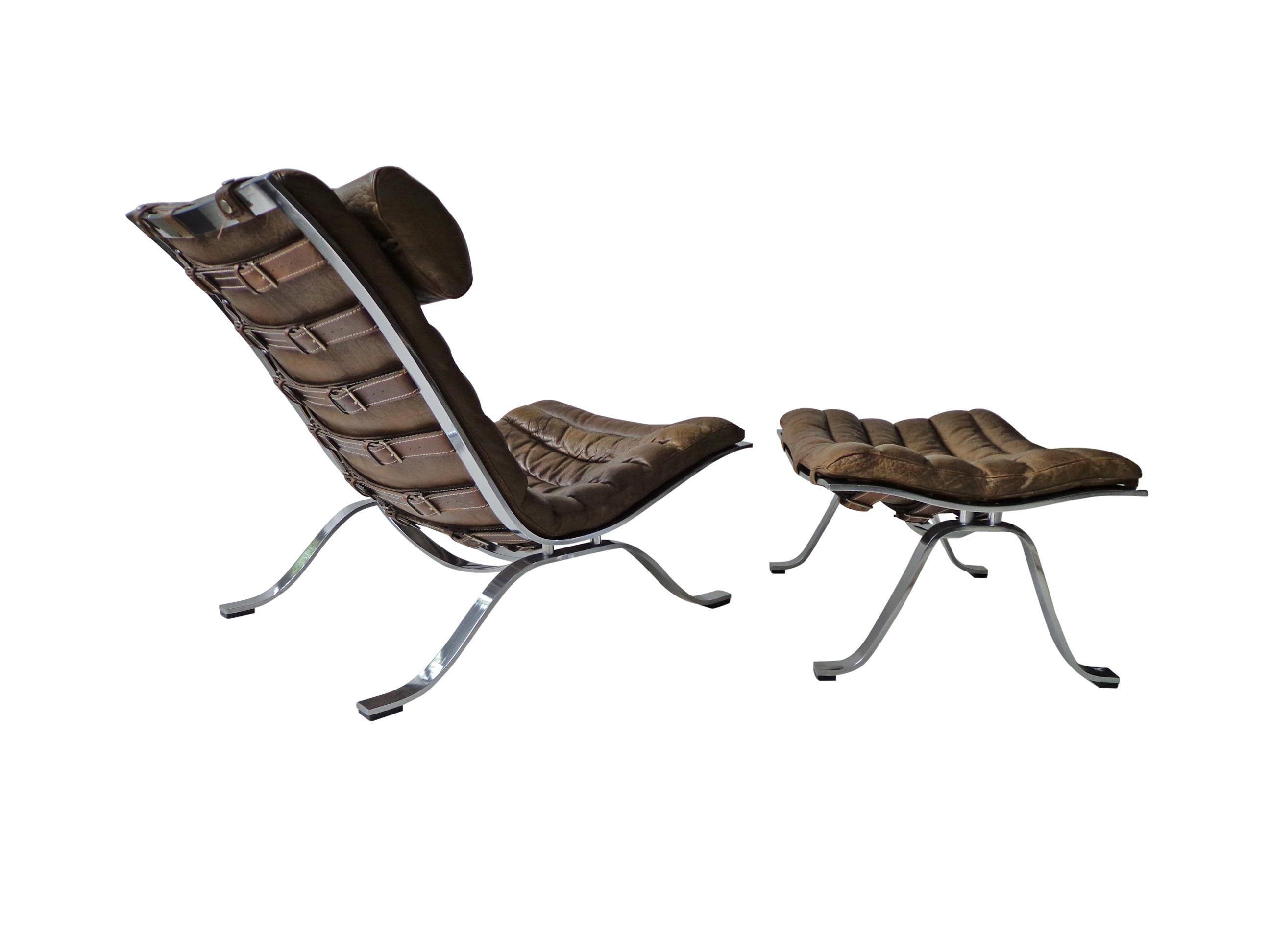 Swedish Arne Norell ‘Ari’ Lounge Chair and Ottoman in Original Cognac/Brown Leather For Sale