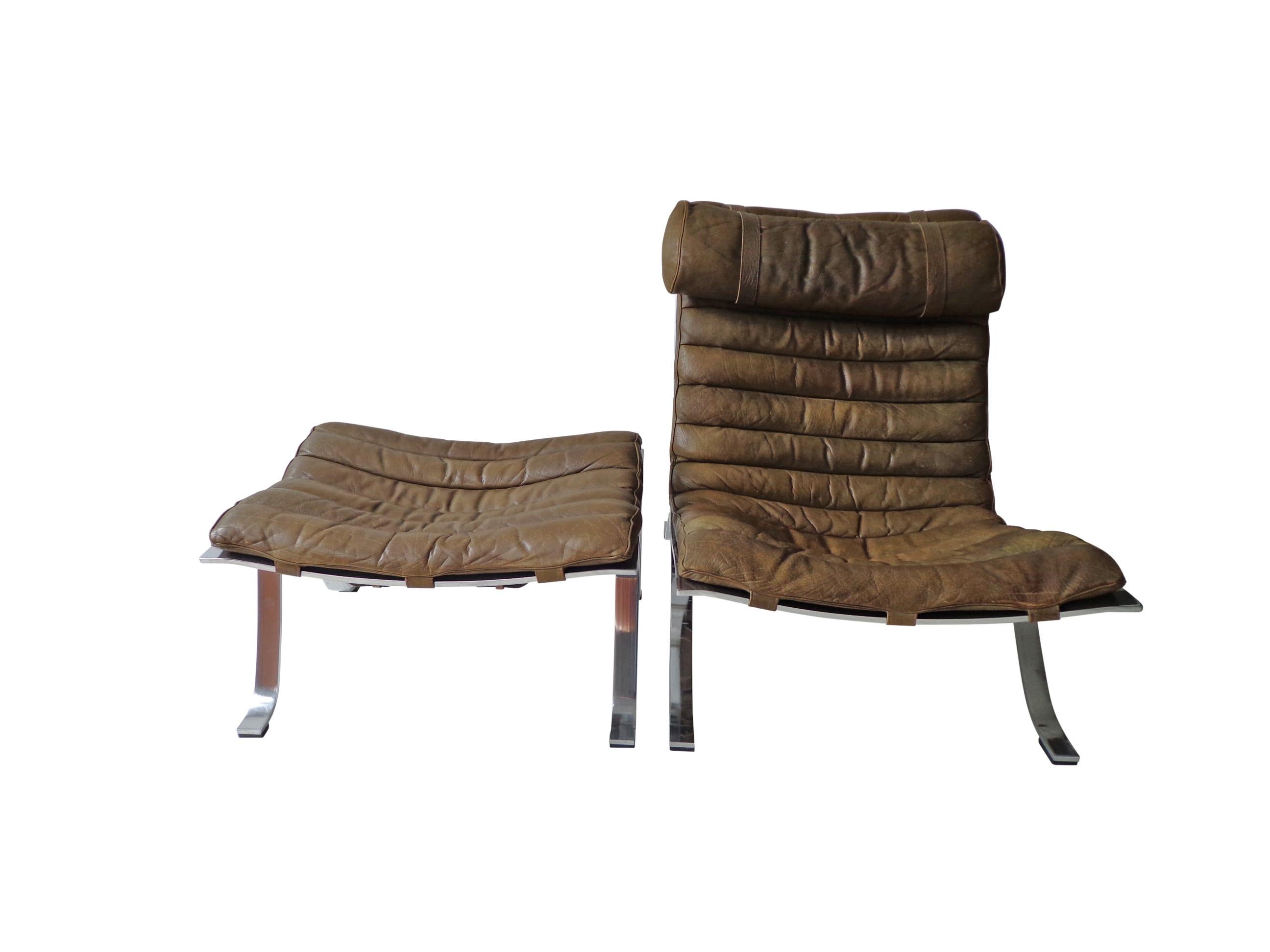 Mid-20th Century Arne Norell ‘Ari’ Lounge Chair and Ottoman in Original Cognac/Brown Leather For Sale