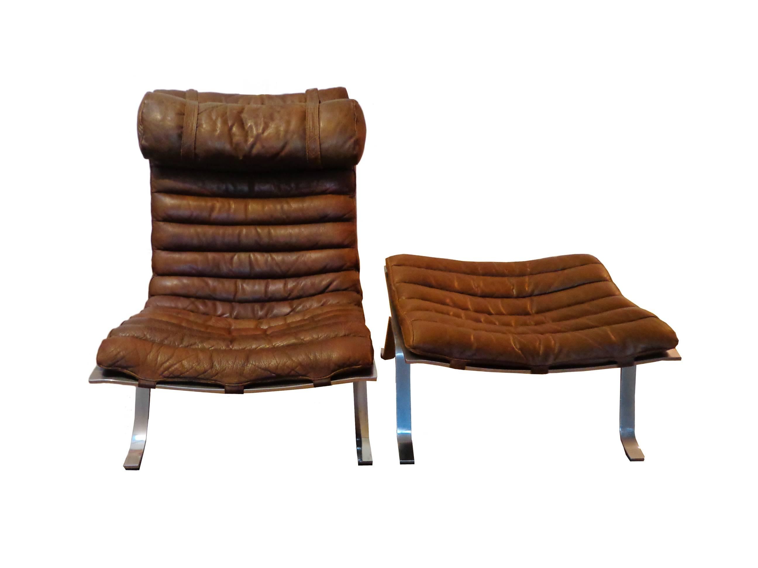 Scandinavian Modern Arne Norell ‘Ari’ Lounge Chair and Ottoman in Original Cognac/Brown Leather