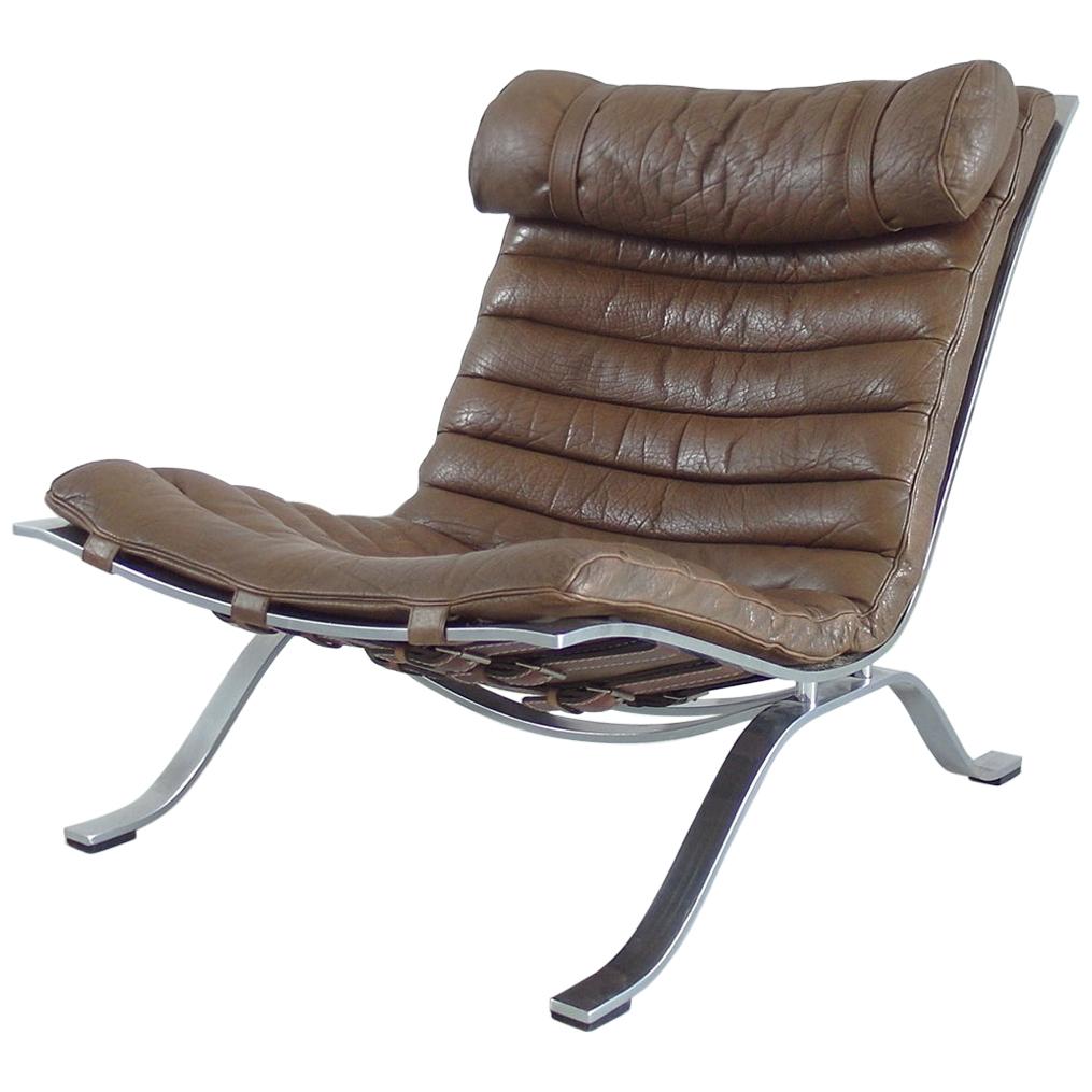 Arne Norell "Ari" Lounge Chair in Bronze/Brown Original Leather, Sweden, 1966 For Sale