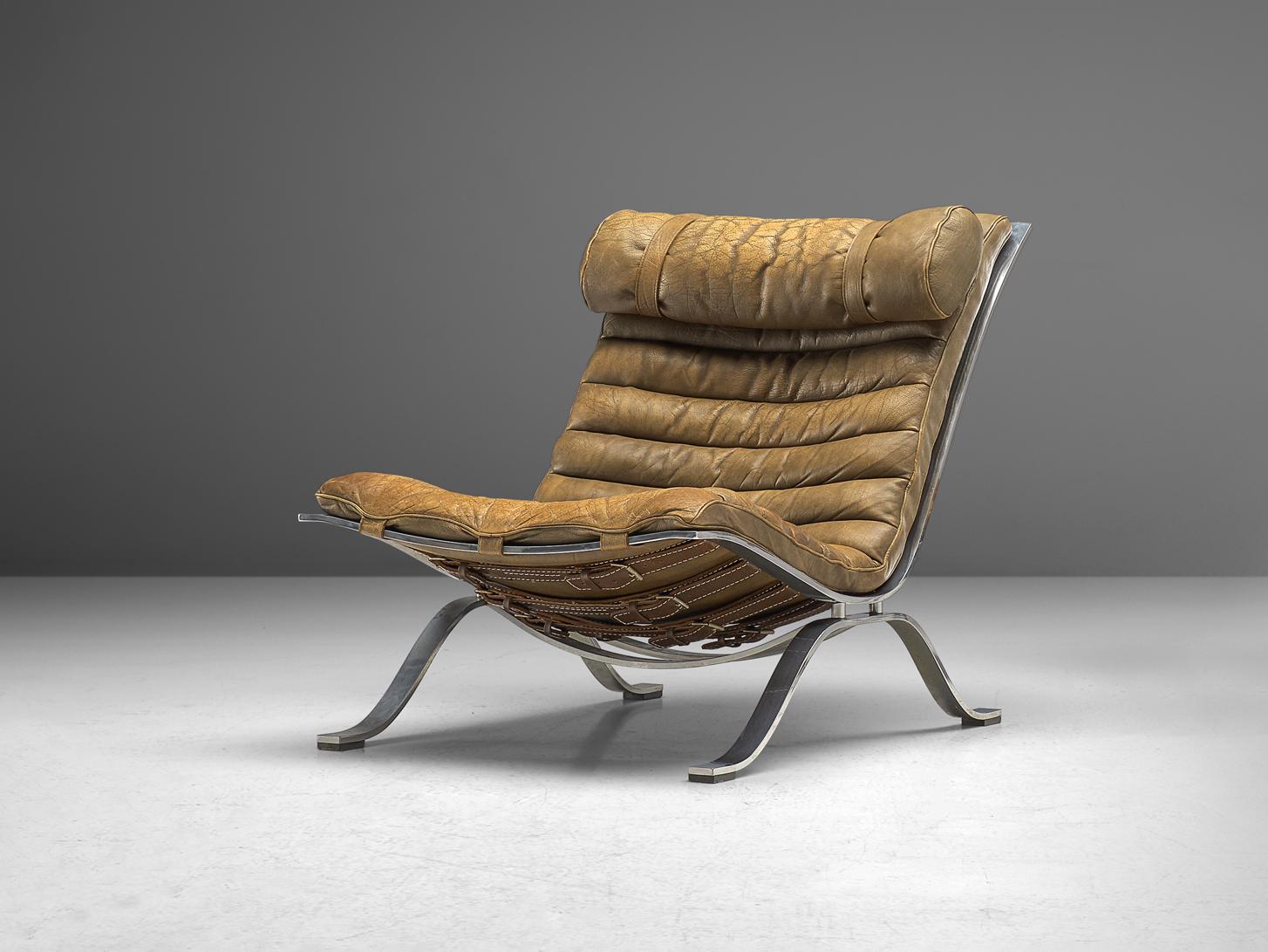 Steel Arne Norell 'Ari' Lounge Chair in Patinated Brown Leather