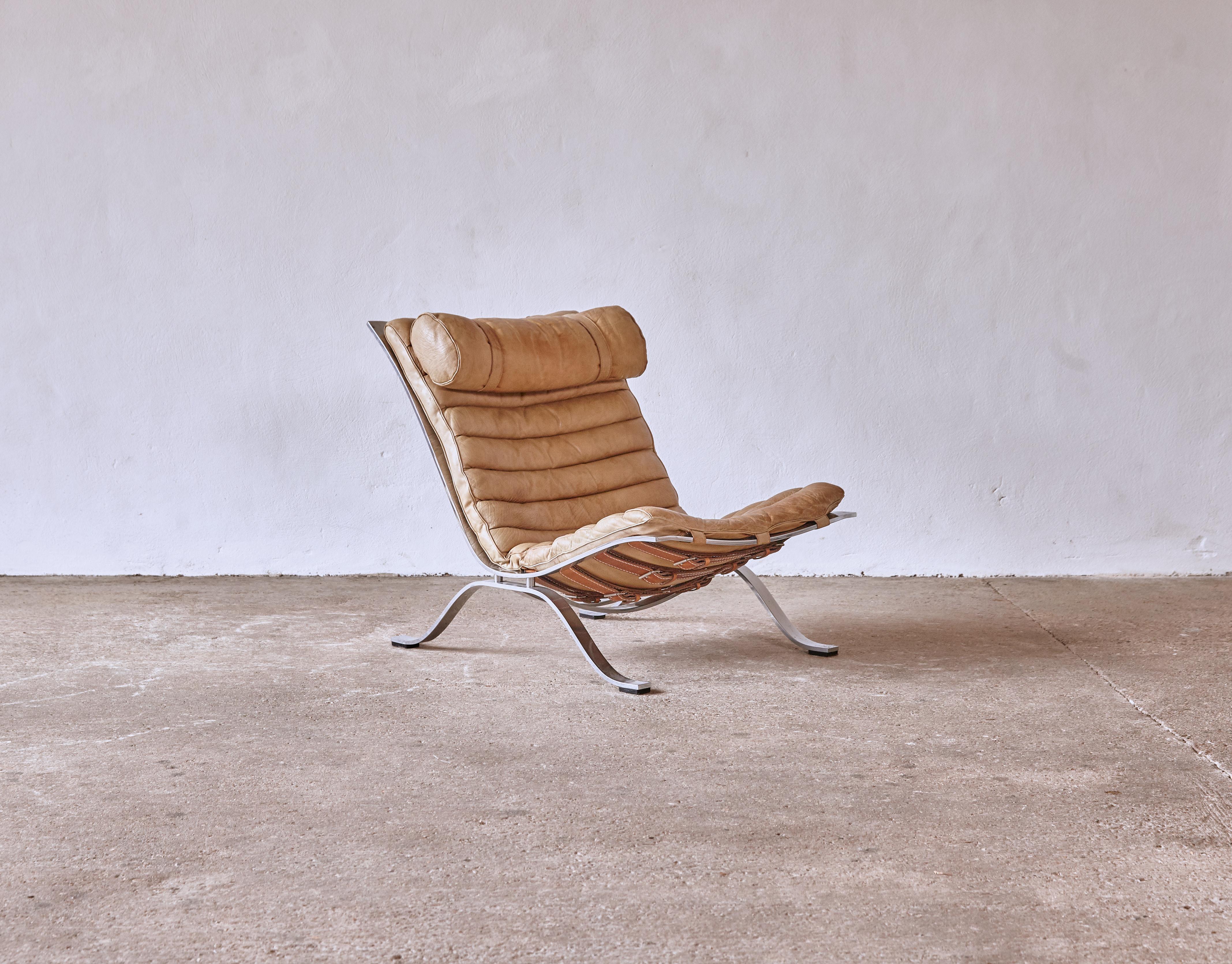 20th Century Arne Norell Ari Lounge Chair, Original Tan Leather, Norell Mobler, 1970s, Sweden