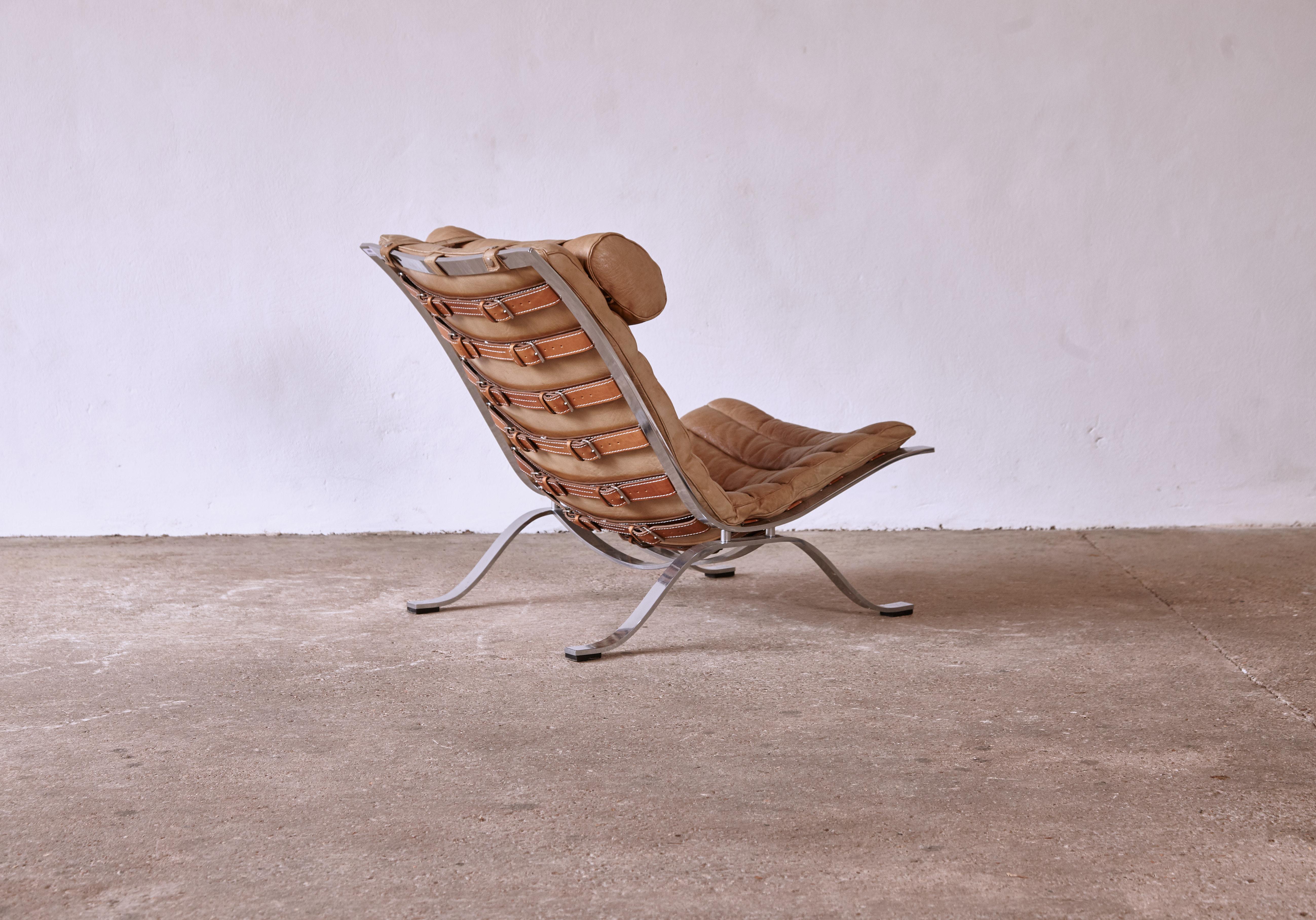 Steel Arne Norell Ari Lounge Chair, Original Tan Leather, Norell Mobler, 1970s, Sweden