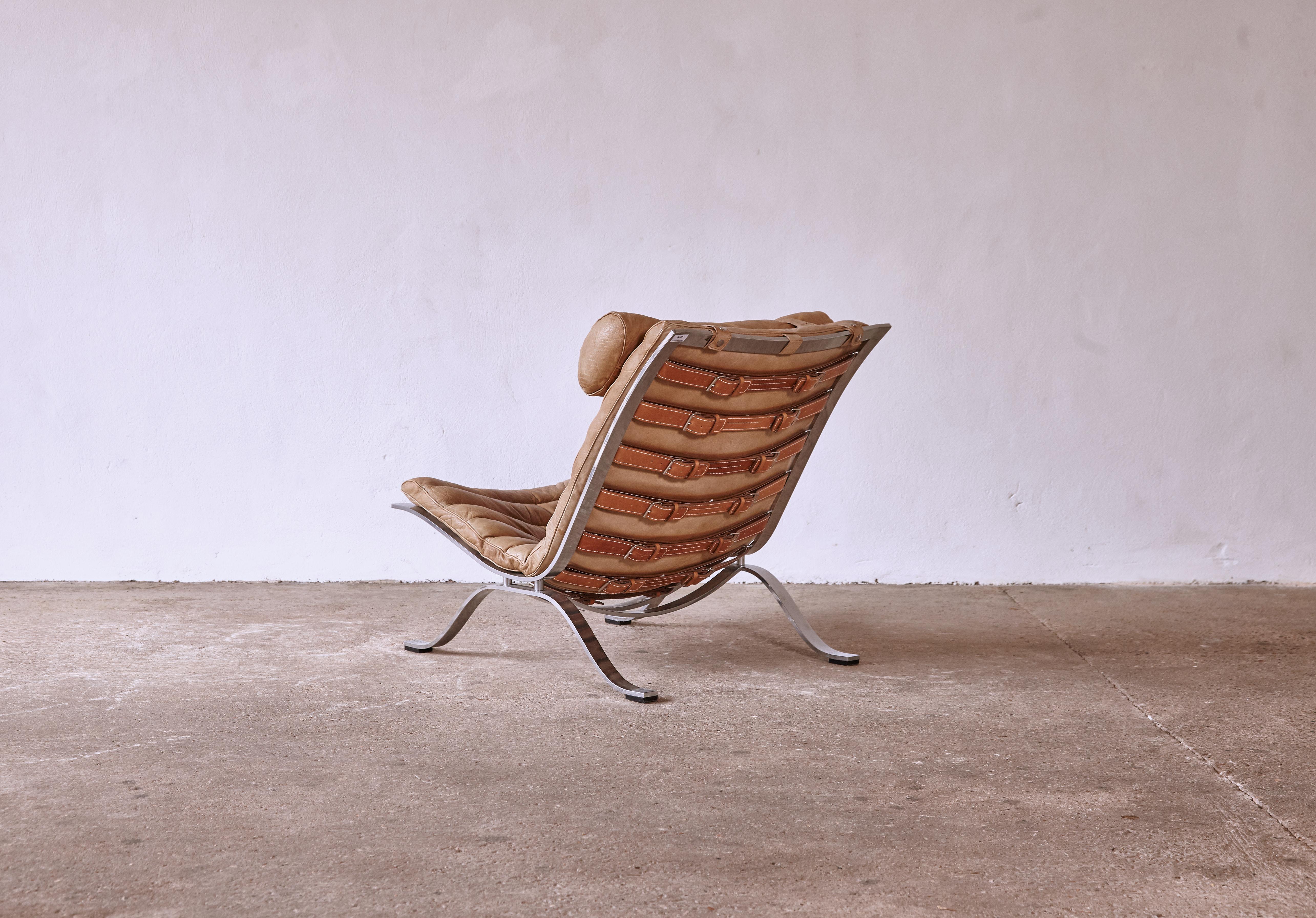 Mid-Century Modern Arne Norell Ari Lounge Chair, Original Tan Leather, Norell Mobler, 1970s, Sweden