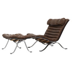 Arne Norell Ari Lounge Chair & Ottoman, Vintage Brown Leather, 1970s