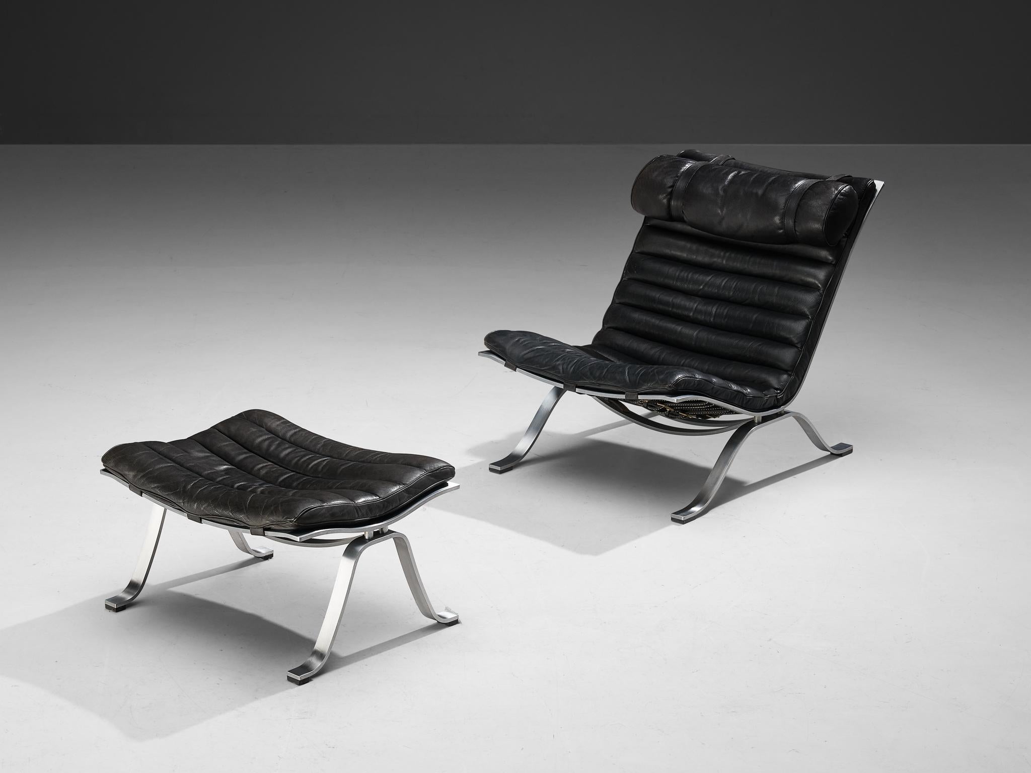 Scandinavian Modern Arne Norell 'Ari' Lounge Chair with Ottoman in Black Leather