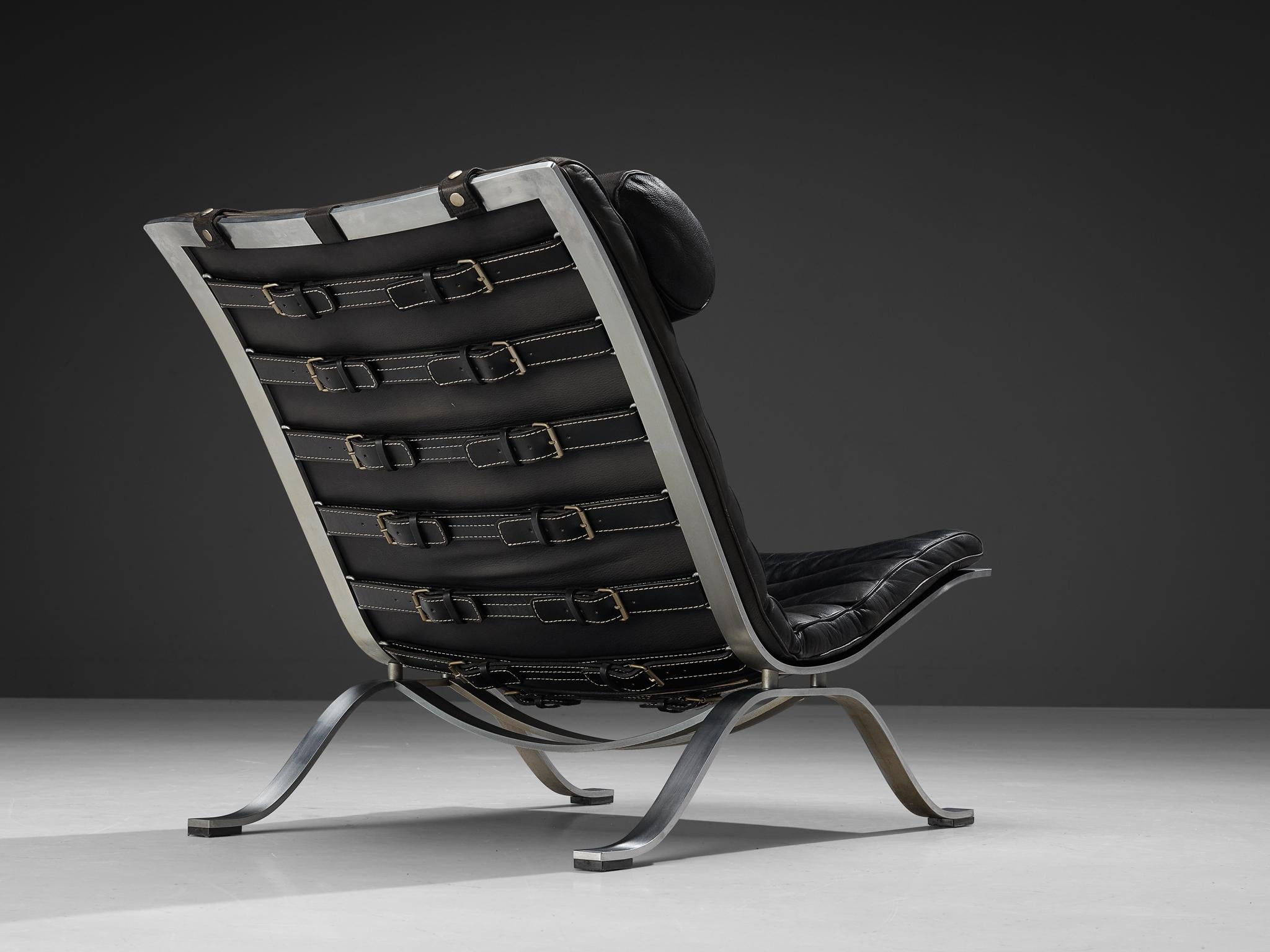 Danish Arne Norell 'Ari' Lounge Chair with Ottoman in Black Leather
