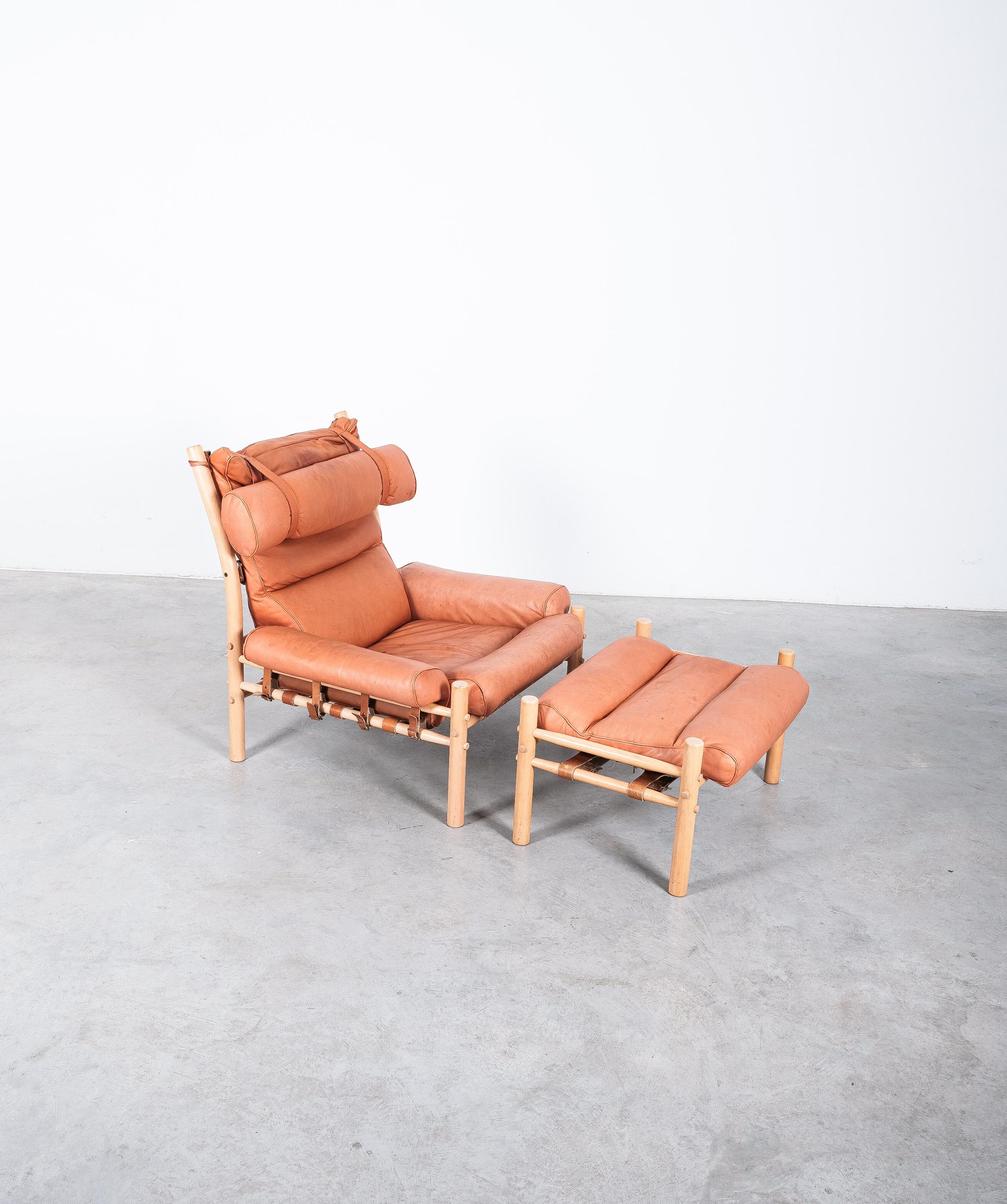Mid-Century Modern Arne Norell AB Inca Easy Chair with Ottoman Cognac Leather Mid Century Sweden