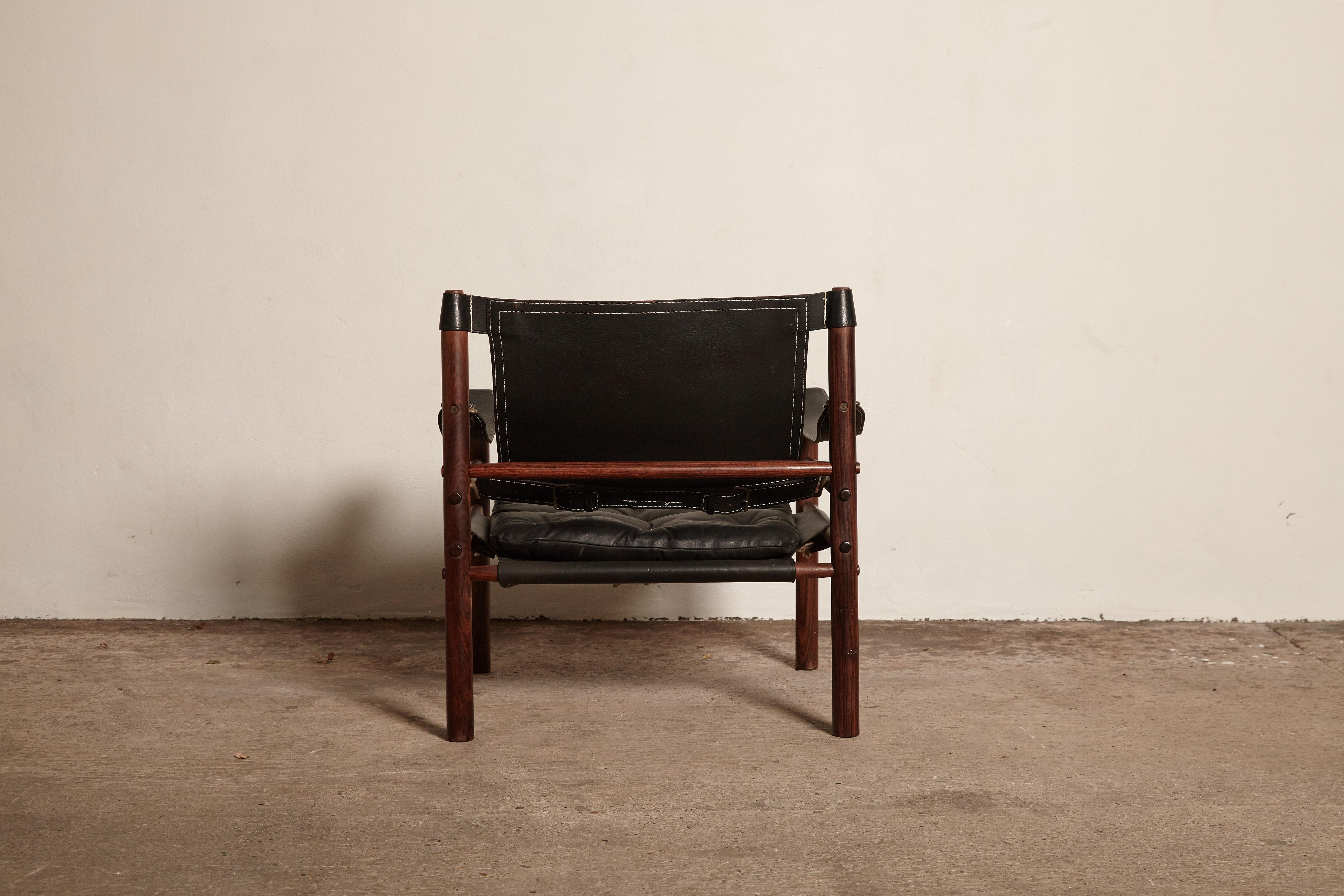Mid-Century Modern Arne Norell Black Leather Safari Sirocco Chair, Sweden, 1960s-1970s