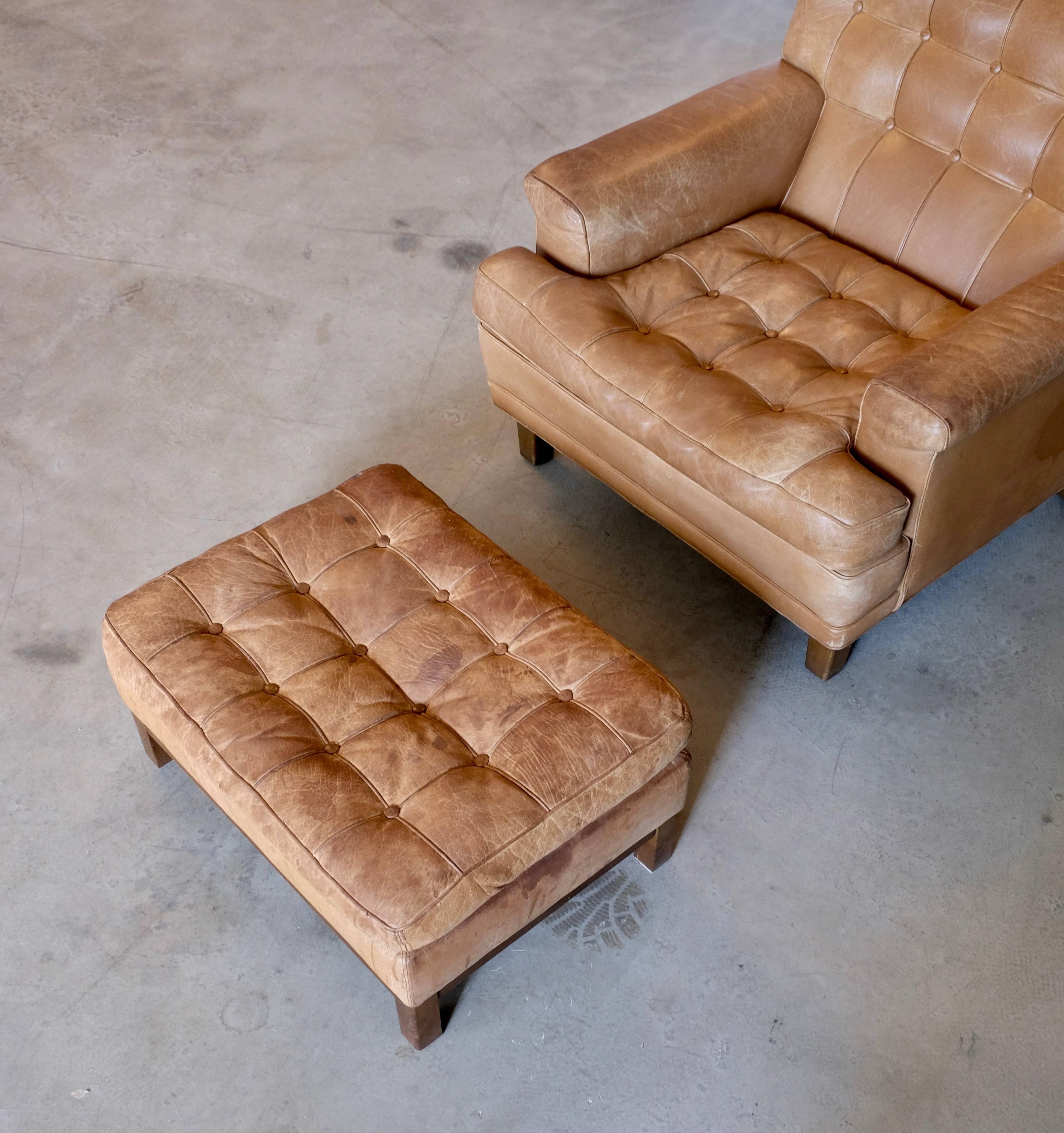 Swedish Arne Norell Buffalo Leather Easy Chair with Ottoman, 1960s