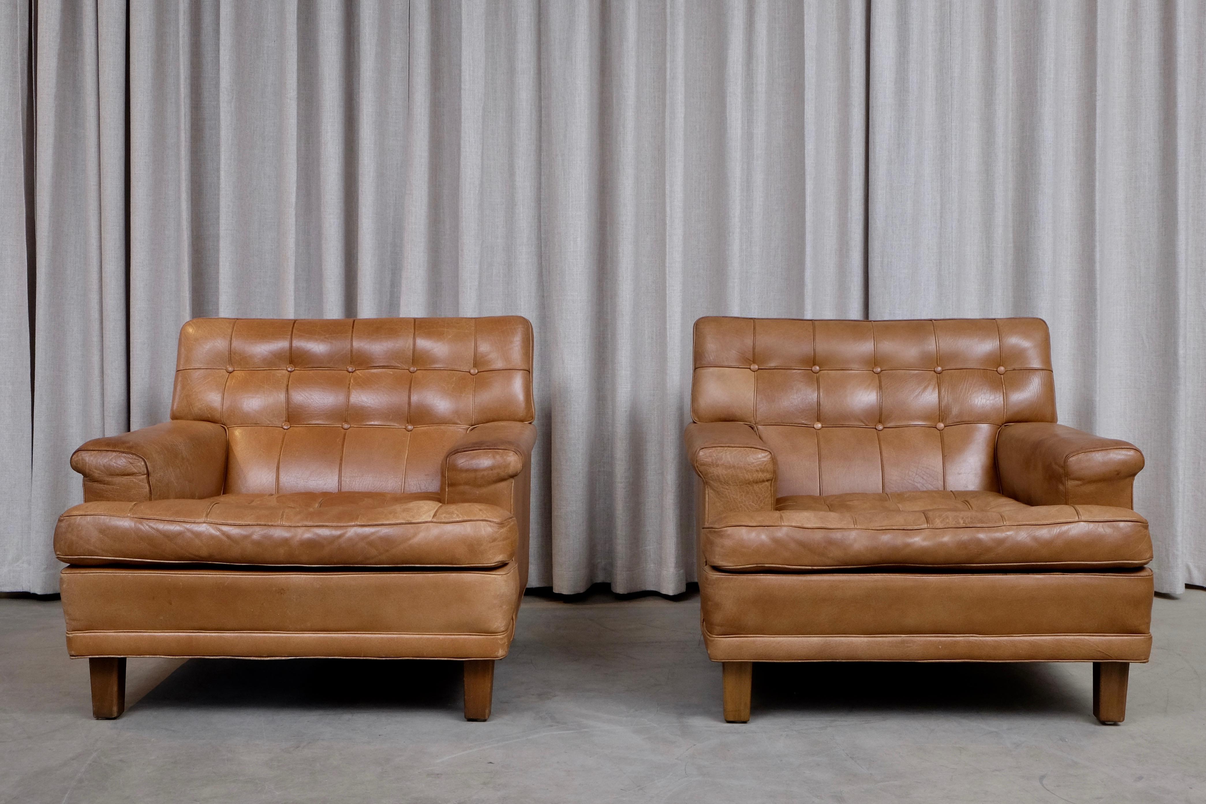 Arne Norell Buffalo Leather Easy Chairs with Ottoman, 1960s 4
