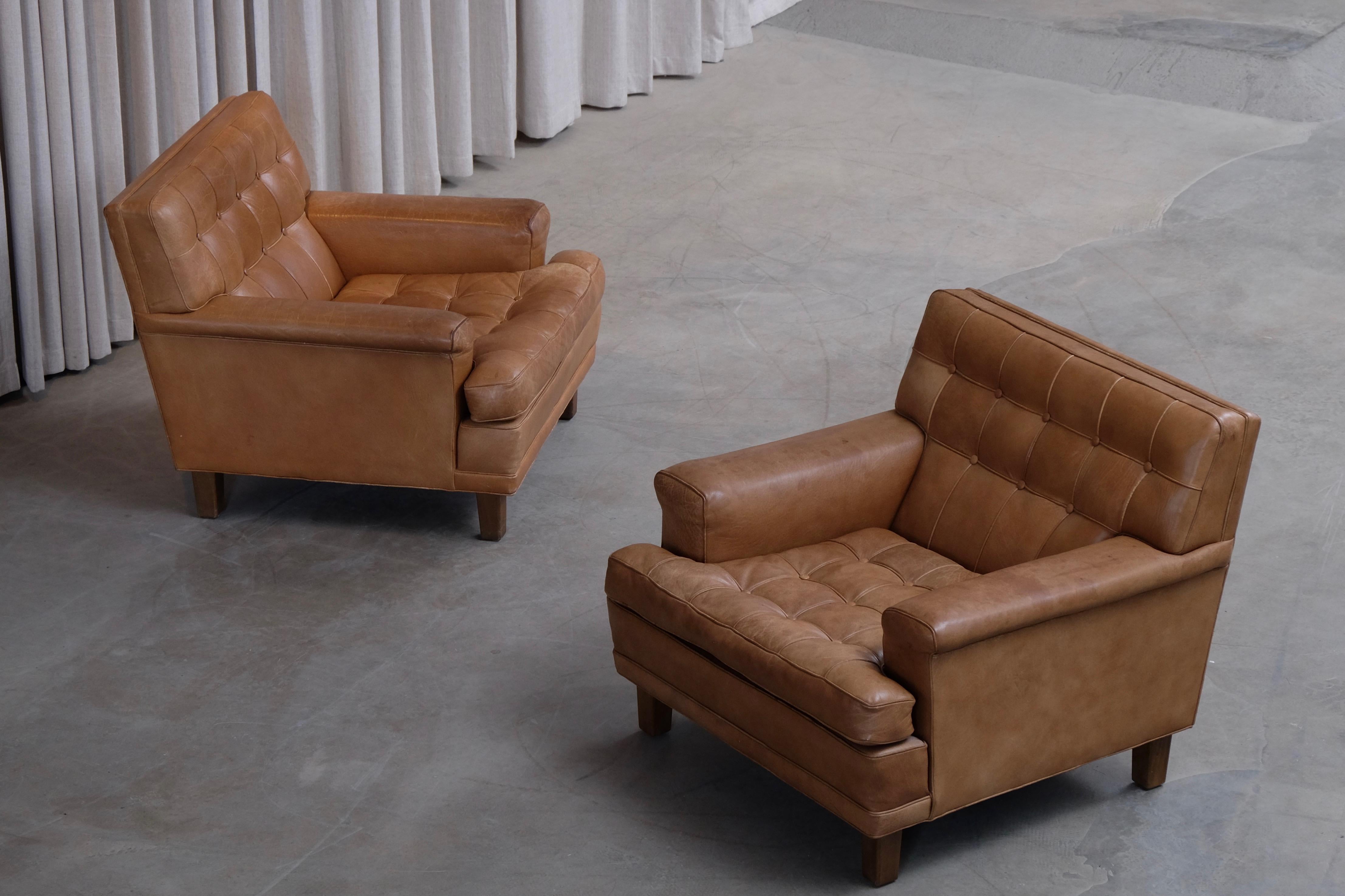 Arne Norell Buffalo Leather Easy Chairs with Ottoman, 1960s 5