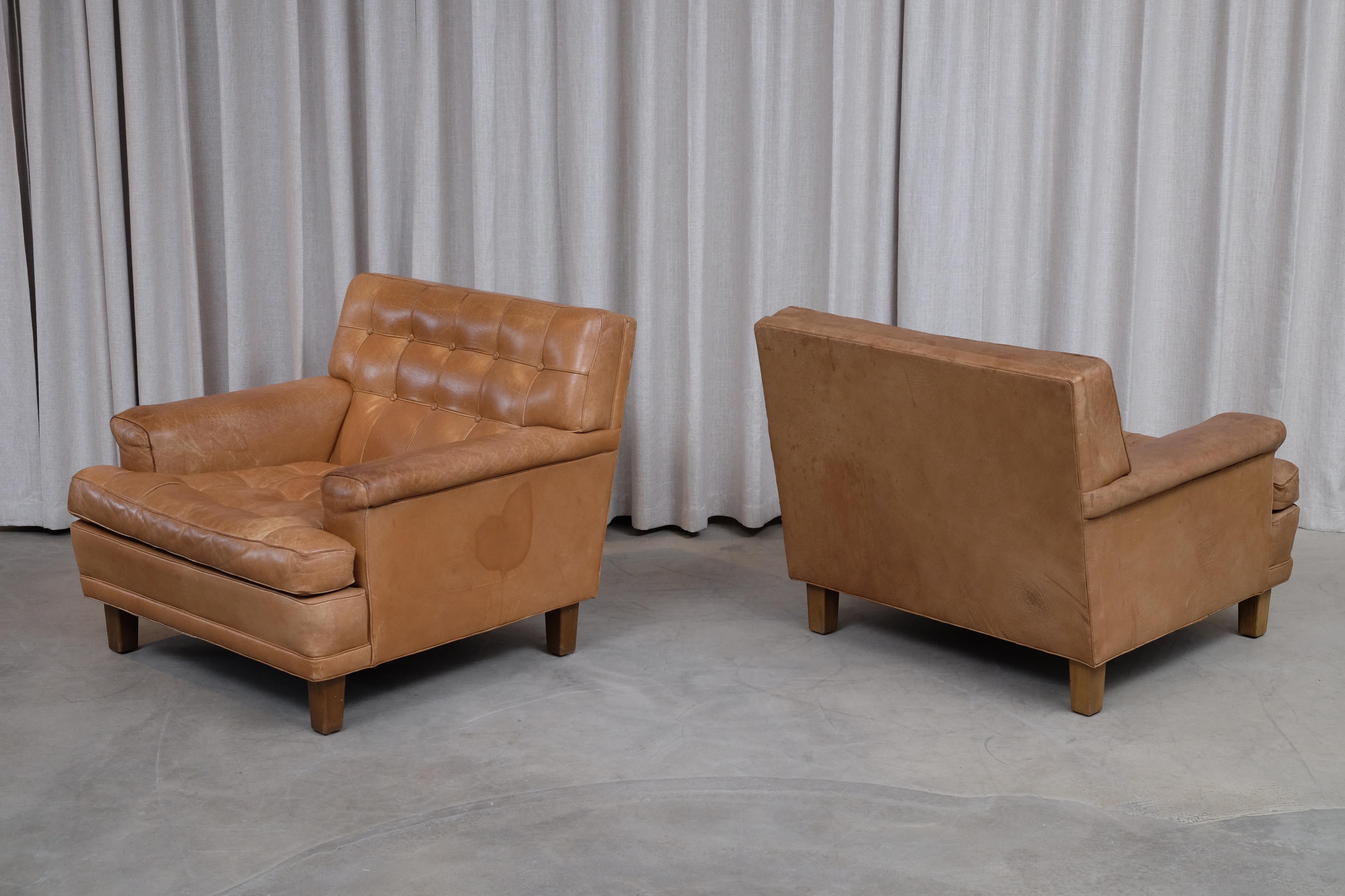 Arne Norell Buffalo Leather Easy Chairs with Ottoman, 1960s 11